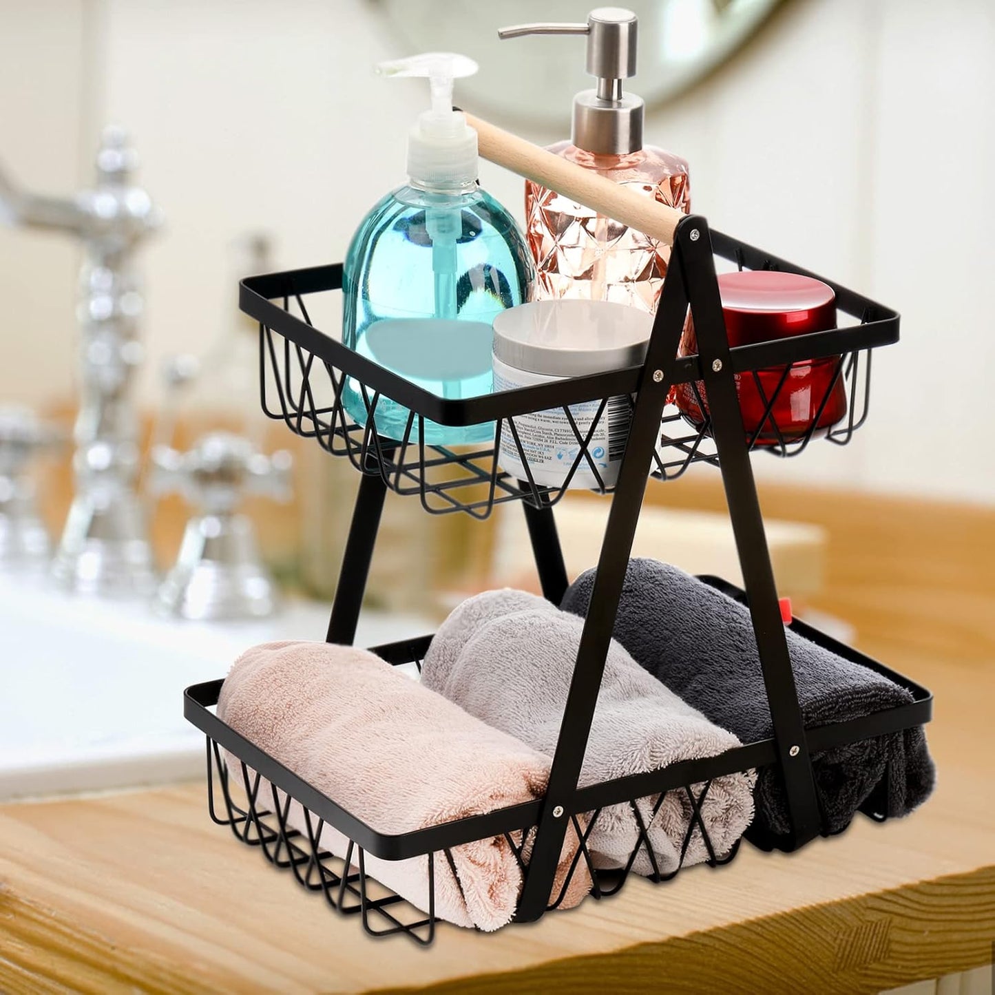 Metal Storage Basket with Handles, 2 Tier Wire Fruit Snack Organizer Bin for Office Cournertop, Rustic Black Basket for Storage