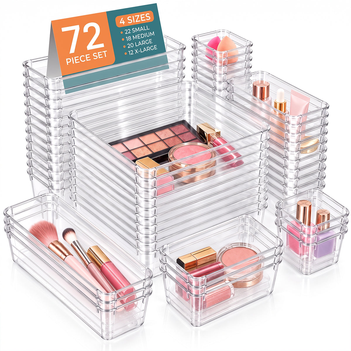 TAIMASI 72 Pcs Clear Plastic Drawer Organizer Set, 4 Sizes Desk Drawer Divider Organizers and Storage Bins for Makeup, Jewelry, Gadgets for Kitchen, Bedroom, Bathroom, Office