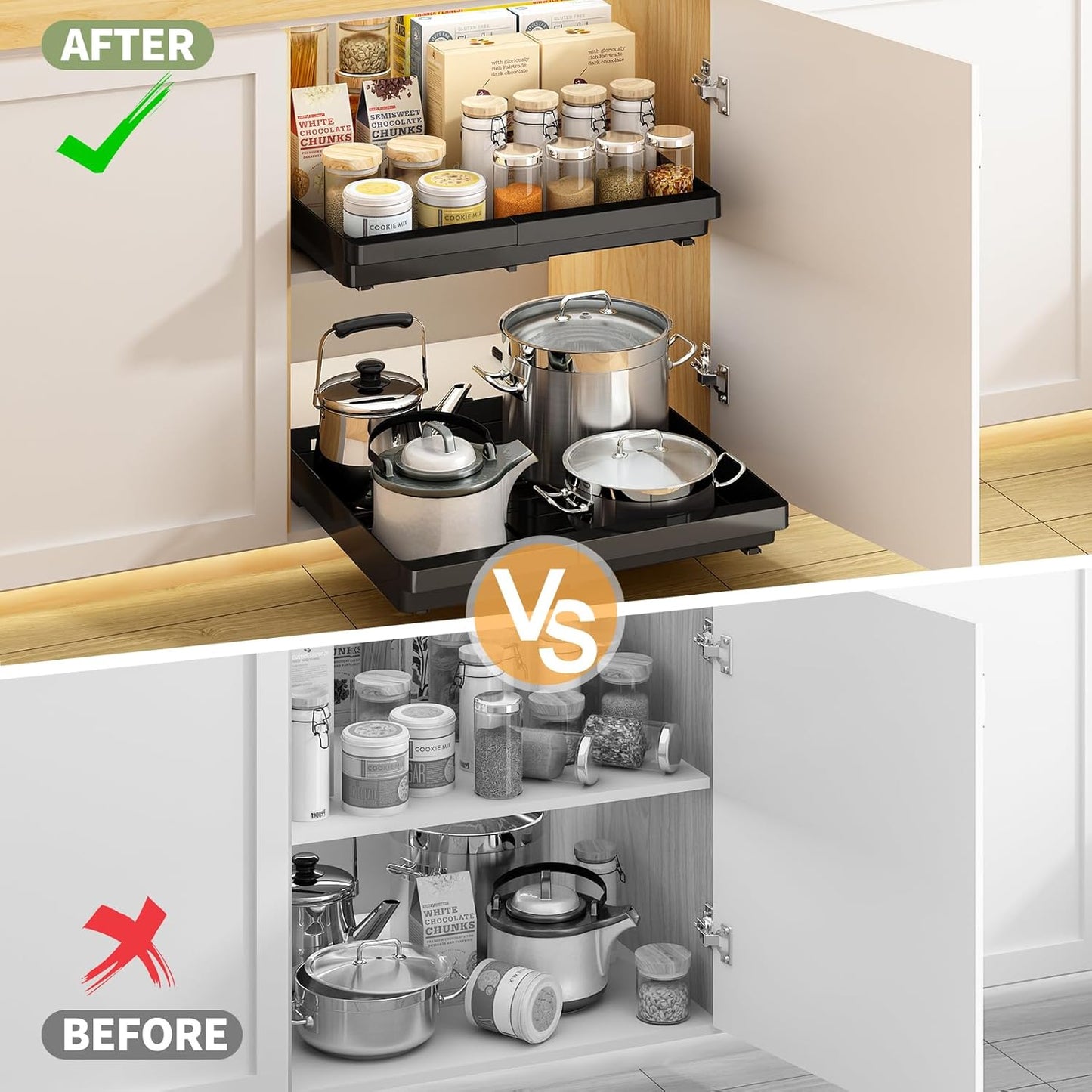 2 Pcs Pull Out Cabinet Organizers Expandable (13''-19''), Plastic Slide Out Drawers for Kitchen, Bathroom, Pantry, Under Sink, Pull Out Drawers Fixed with Adhesive Nano Film (Black)