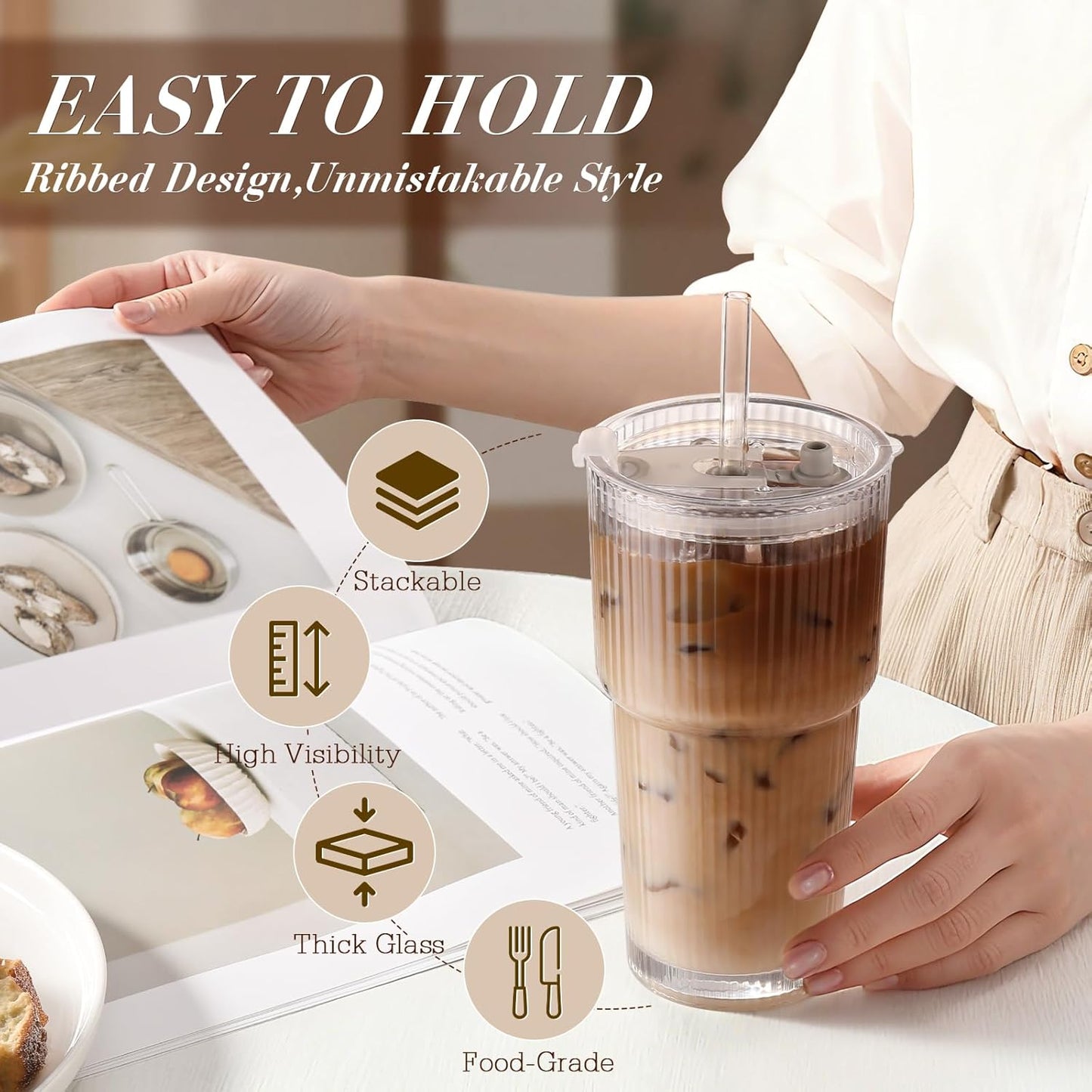 Iced Coffee Cups with Lids, 4Packs Ribbed Glass Tumbler with Straws and Lids, 20oz Leak Proof Tumbler Coffee Bar Accessories Reusable Glass Cups for To Go Iced Coffee