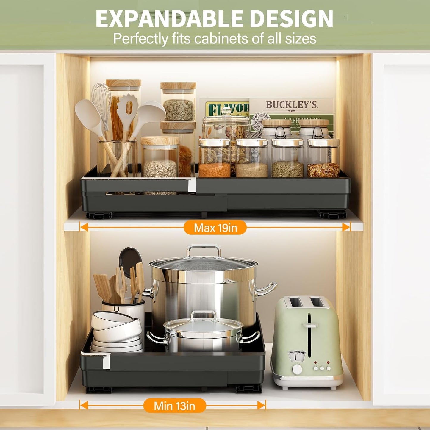 2 Pcs Pull Out Cabinet Organizers Expandable (13''-19''), Plastic Slide Out Drawers for Kitchen, Bathroom, Pantry, Under Sink, Pull Out Drawers Fixed with Adhesive Nano Film (Black)