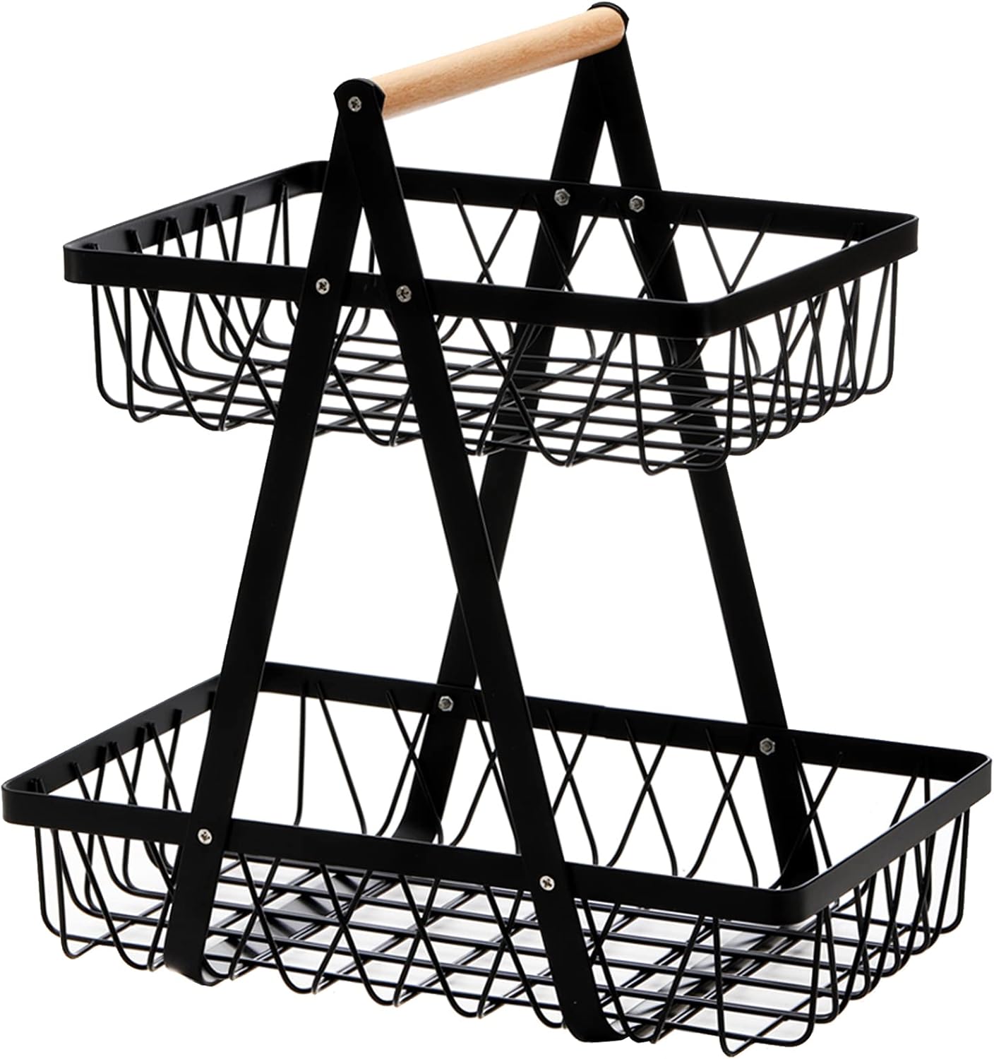 Metal Storage Basket with Handles, 2 Tier Wire Fruit Snack Organizer Bin for Office Cournertop, Rustic Black Basket for Storage