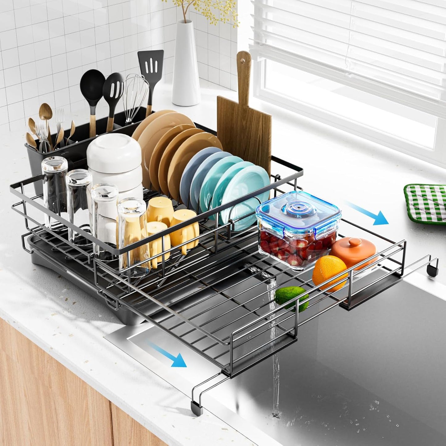 Dish Drying Rack - Extendable Dish Rack, AOKIWO Large Capacity Drying Drainer for Kitchen Counter, Stainless Steel Rust-Proof with Utensil Holder, Black