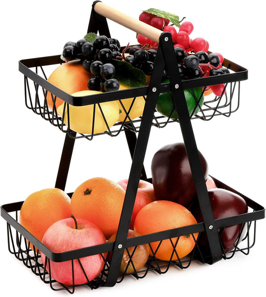 Metal Storage Basket with Handles, 2 Tier Wire Fruit Snack Organizer Bin for Office Cournertop, Rustic Black Basket for Storage
