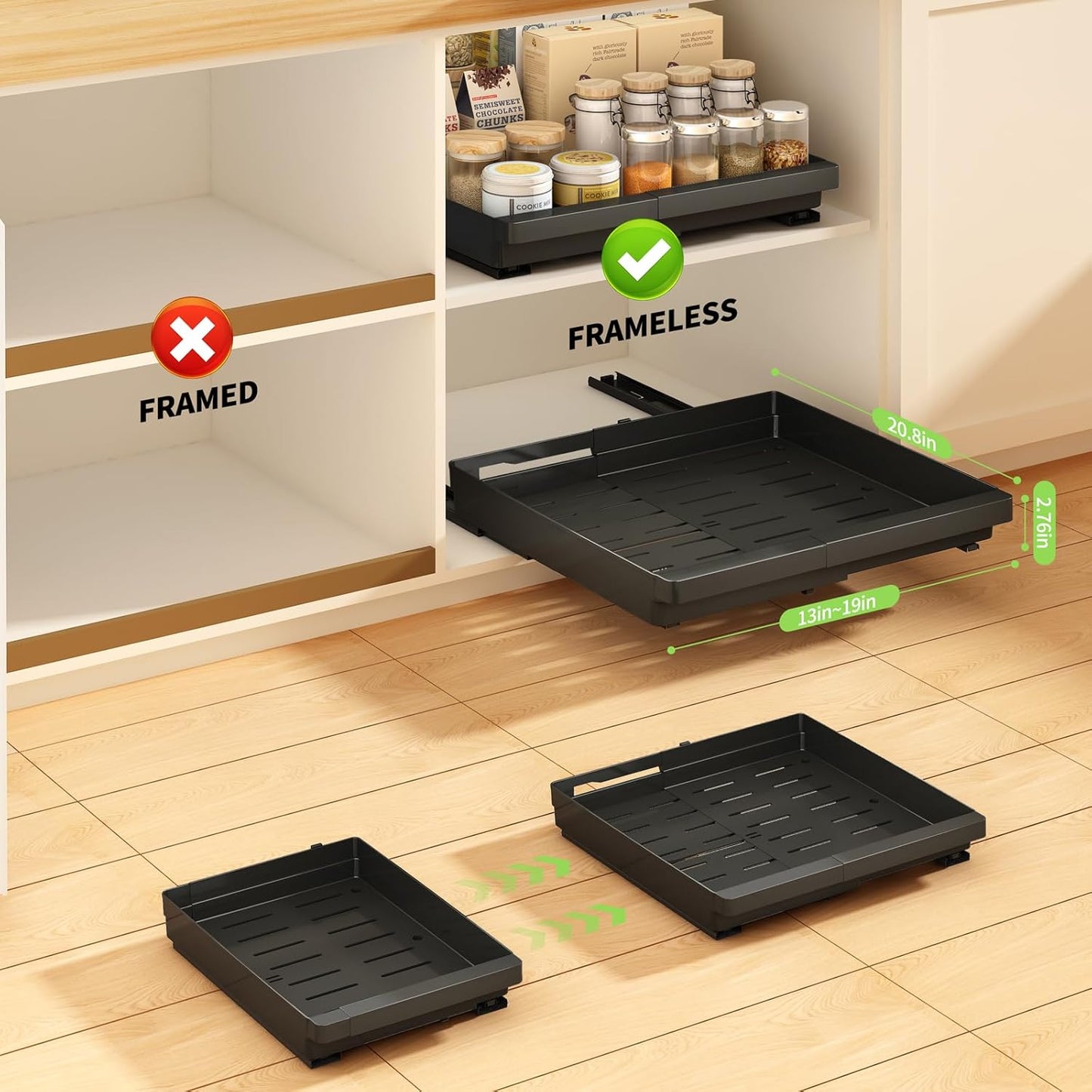 2 Pcs Pull Out Cabinet Organizers Expandable (13''-19''), Plastic Slide Out Drawers for Kitchen, Bathroom, Pantry, Under Sink, Pull Out Drawers Fixed with Adhesive Nano Film (Black)