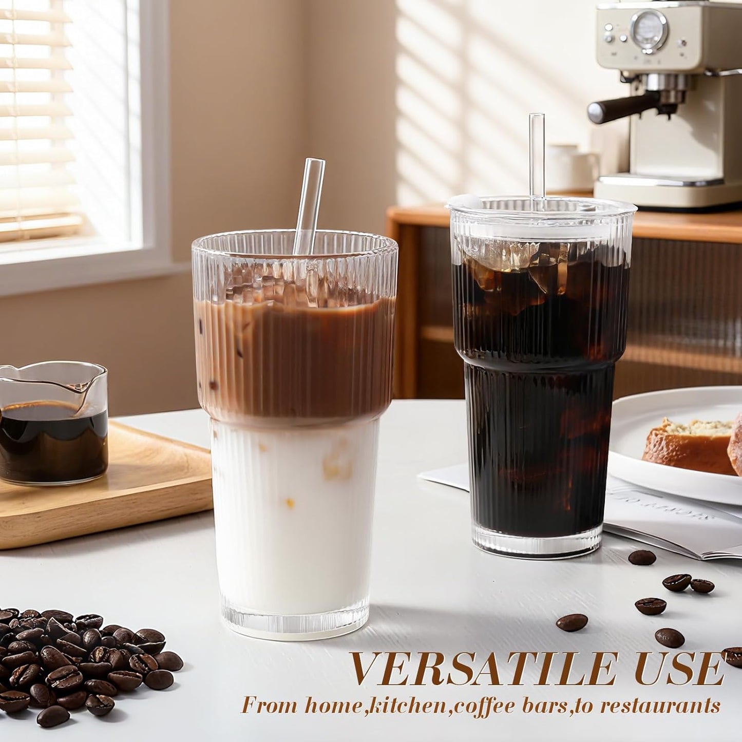 Iced Coffee Cups with Lids, 4Packs Ribbed Glass Tumbler with Straws and Lids, 20oz Leak Proof Tumbler Coffee Bar Accessories Reusable Glass Cups for To Go Iced Coffee