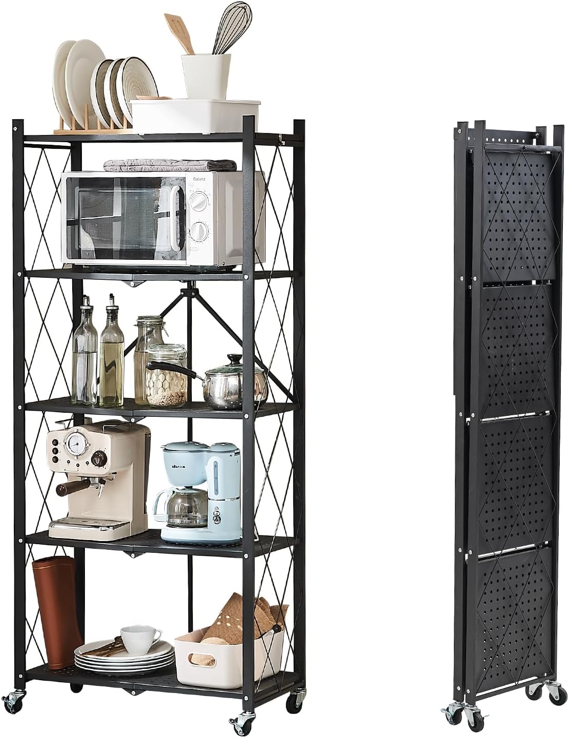 5-Tier Foldable Metal Storage Shelf with Wheels, Heavy-Duty Movable Wire Rack for Garage, Kitchen, Basement, Pantry, 28''L x 13.4''W x 61.4''H-Black