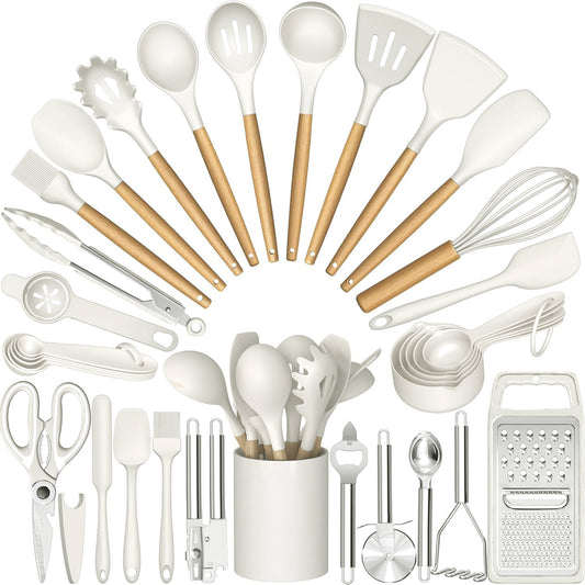 Silicone Kitchen Utensil Set, AOKIWO 34PCS Heat Resistant Kitchen Gadgets and Tools With Grater, Cream White Wood Handles for Nonstick Cookware,White