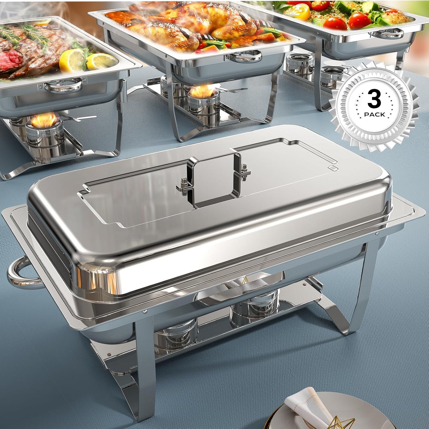 Chafing Dish Buffet Warmers Set, AOKIWO 3 Packs Full Pans 9QT Stainless Steel Chafing Dishes for Buffet, Roll Edge Mirrored Food Warmer Sets for Parties, Events, Wedding, Camping, Dinner