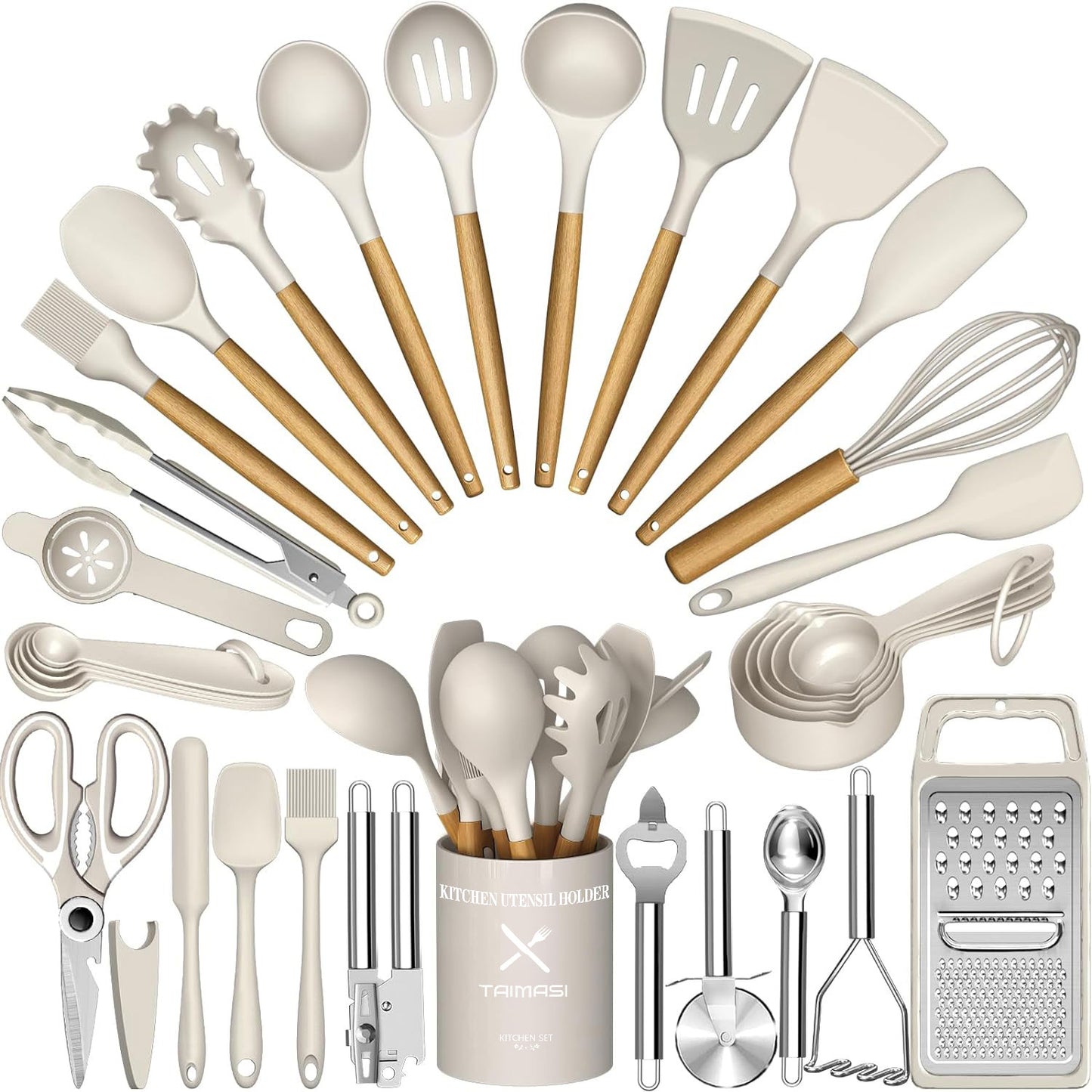 Kitchen Utensil Set, AOKIWO 34Pieces Silicone Cooking Utensil Set with Wooden Handle, Heat Resistant Spatula Set Gadgets Tools Cookware, Khaki