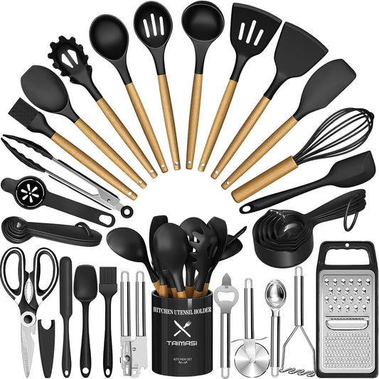 Kitchen Utensil Set, AOKIWO 34Pieces Silicone Cooking Utensil Set with Wooden Handle, Heat Resistant Spatula Set Gadgets Tools Cookware, Black