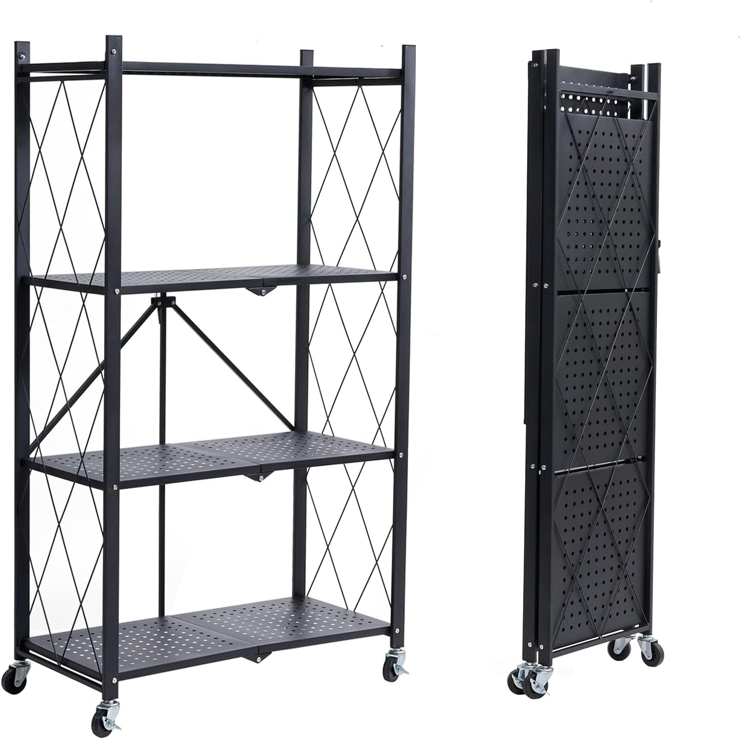 4-Tier Foldable Metal Storage Shelf with Wheels, Heavy-Duty Movable Wire Rack for Garage, Kitchen, Basement, Pantry, 28''L x 13.4''W x 49.2''H-Black