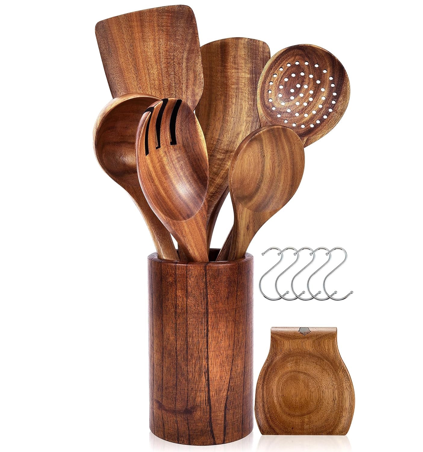 13Pcs Wooden Utensil Set with Holder, AOKIWO Natural Teak Wood Kitchen Utensil Set ,Spoons and Spatula Set with Spoon Rest, Nonstick Kitchen Cookware, Brown