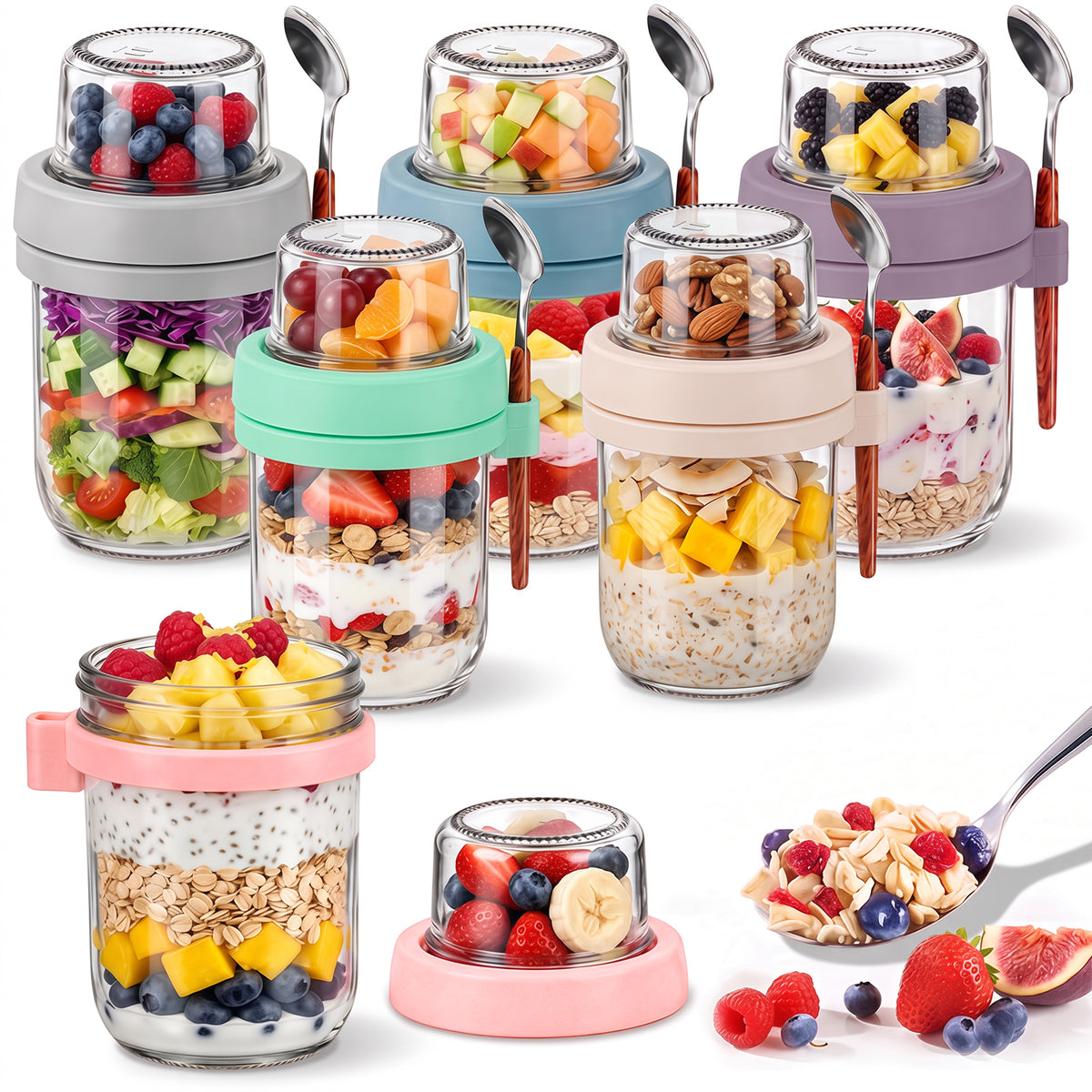 Wynra 6 Pack Dual-Layer Glass Overnight Oats Containers with Lids & Spoons, 16+4 oz Dry-Wet Separation, Leak Proof for Oatmeal, Yogurt & Salad