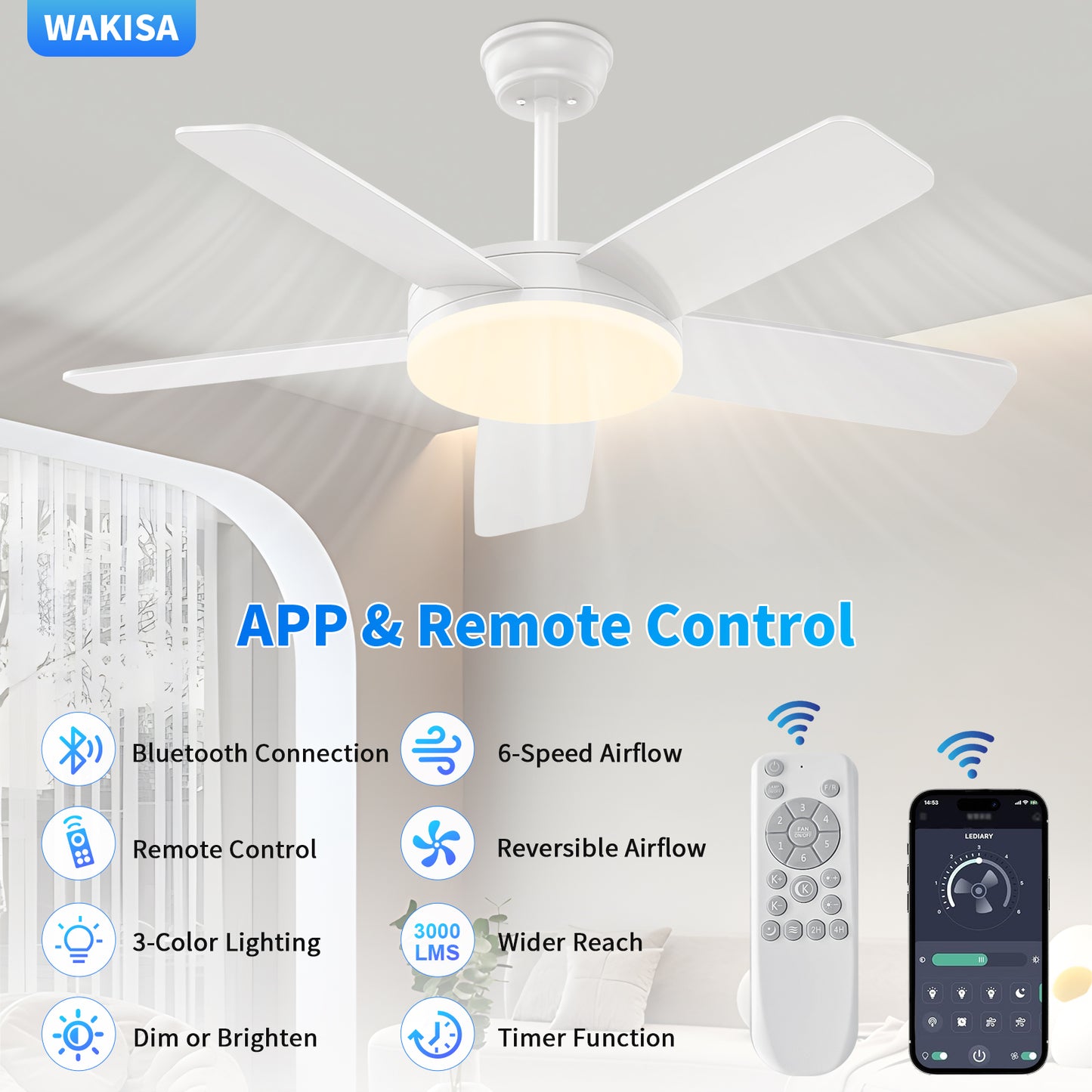 Kaqinu Ceiling Fans with Lights and Remote & App Control,45 inch Modern Ceiling Fans,6 Speeds 3 Colors for Indoor