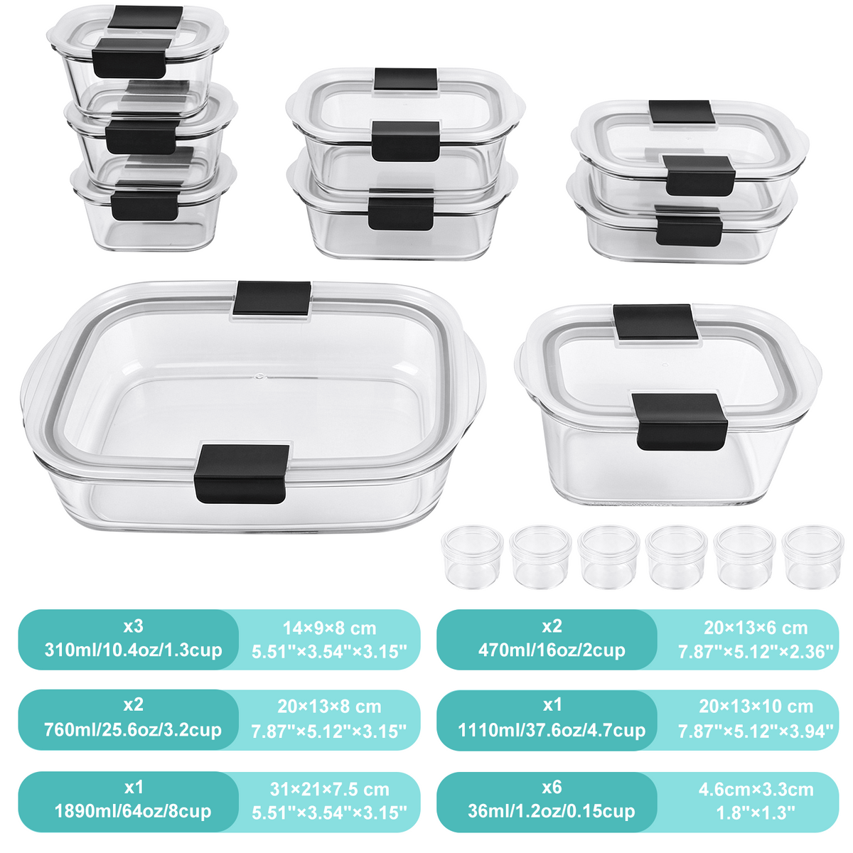 30 Pcs Glass Food Storage Containers with Lids, Glass Meal Prep Container Sets with Snap Airtight Lids, Meal Prep Containers with Sauce Cups, Microwave, Oven, Freezer & Dishwasher Safe, Leak-Proof