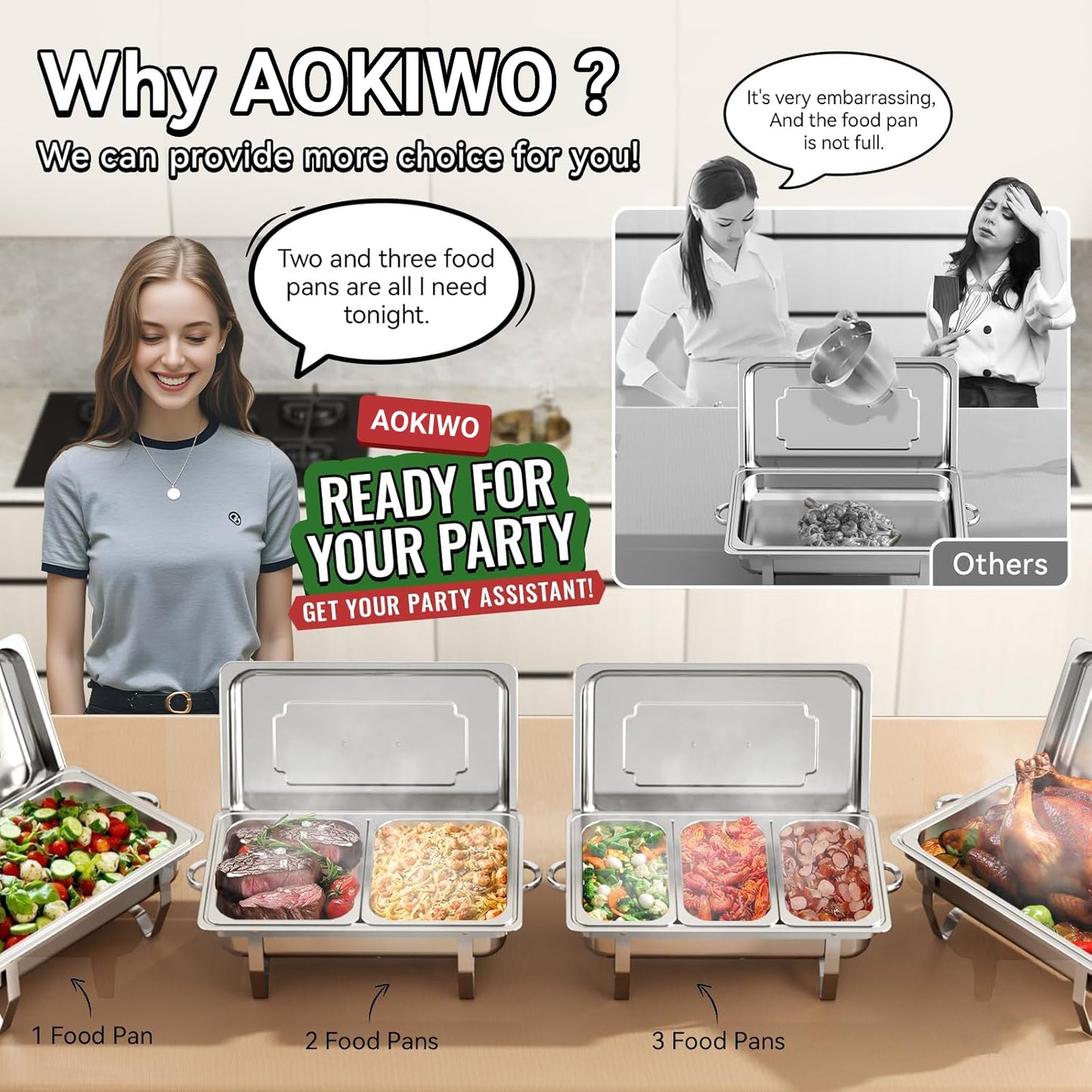 Chafing Dishes for Buffet ,AOKIWO 3 Packs 9QT Roll Edge Mirrored Stainless Steel Chafing Dish Buffet Warmers Set for Restaurant Serving Food, Party, Siver (1/3 Pan +1/2 Pan+Full Pan)