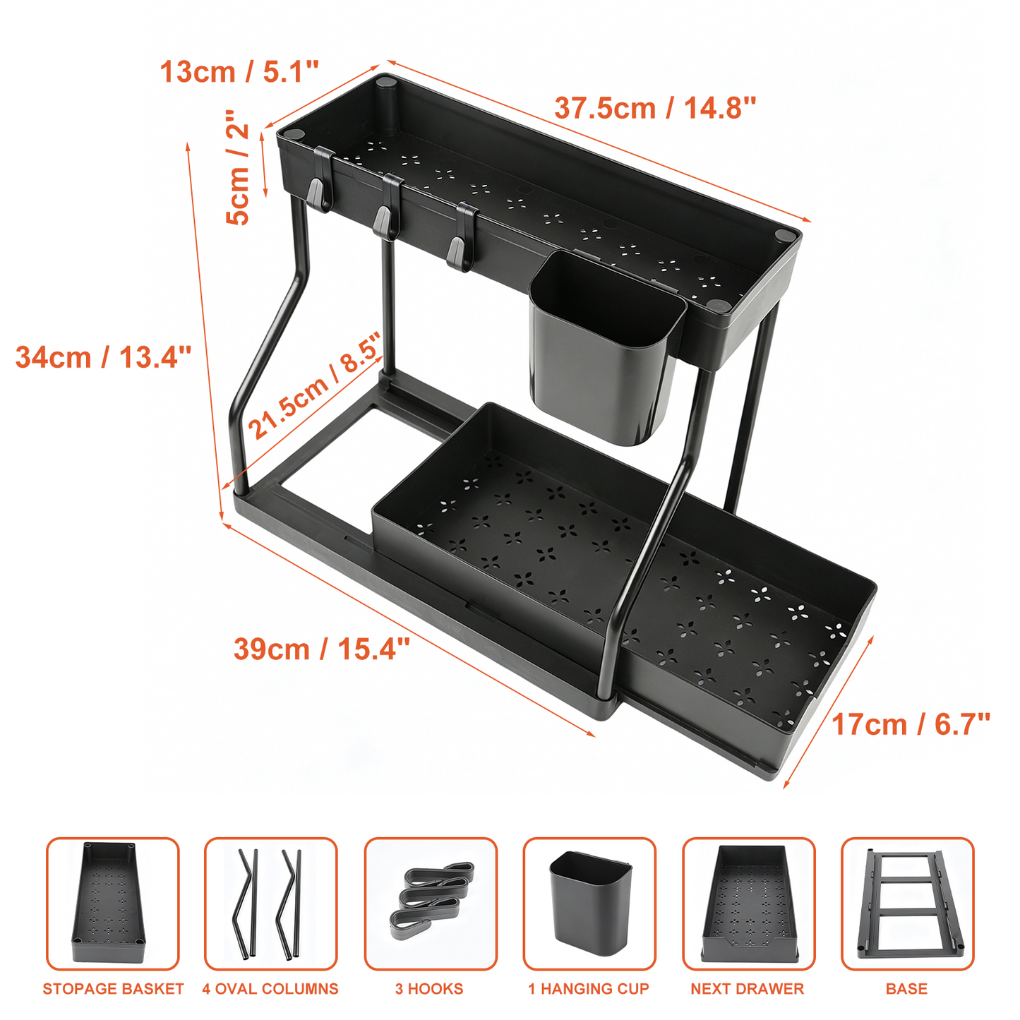 1 Pack Under Sink Organizer, 2 Tier L-Shaped Pull Out Cabinet Organizer for Kitchen and Bathroom, Space Saving Sliding Drawer Storage Rack, Durable Plastic Narrow Space Shelves, Black