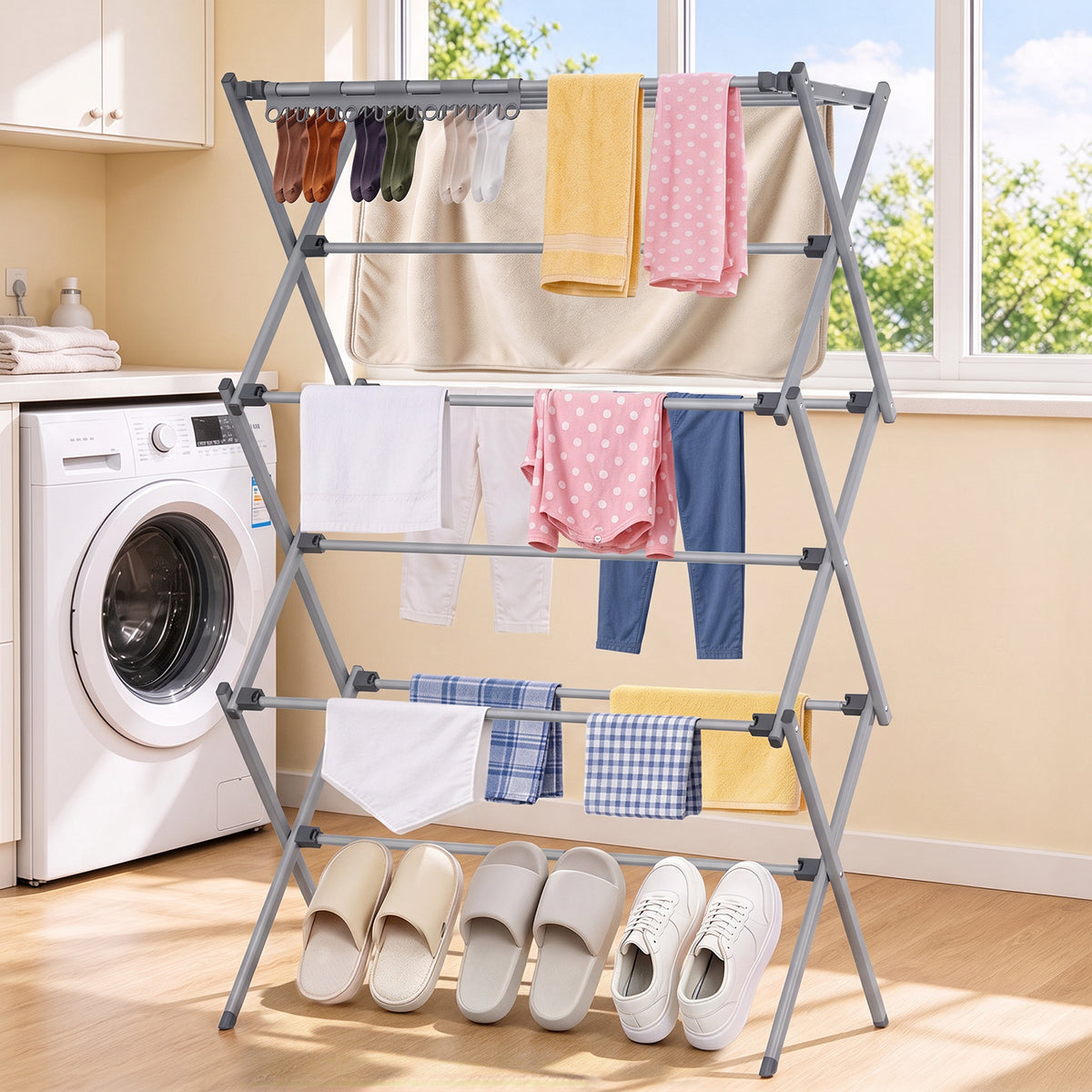 3-Tier Foldable Clothes Drying Rack, Portable Metal Drying Rack Clothing, Collapsible Laundry Drying Rack, Antirust Clothing Rack for Indoor Outdoor Air Drying, 13.4" D x 28.7" W x 45.7" H, Gray