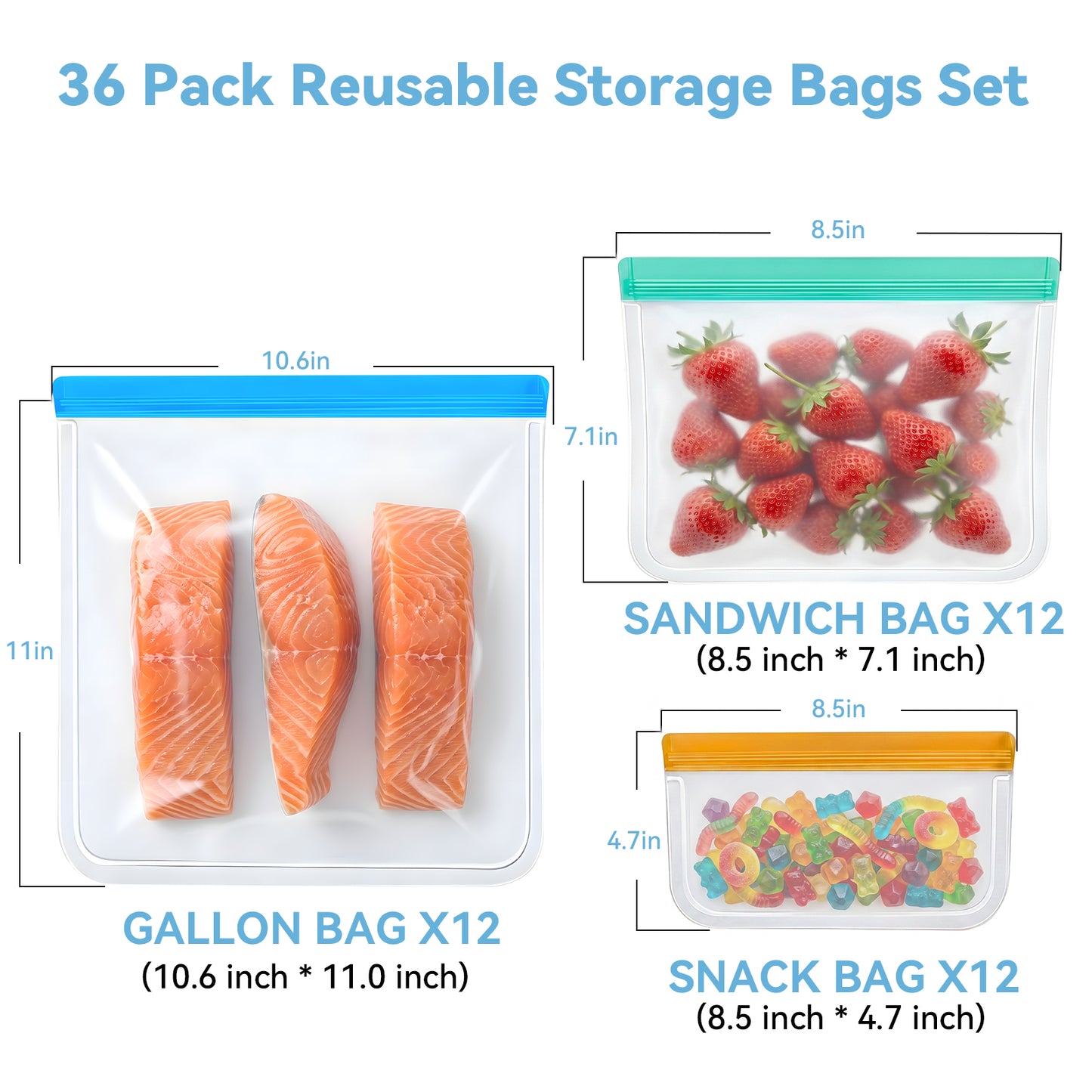 Reusable Food Storage Bags, Silicone Bags for Food Storage, Leakproof Airtight, BPA Free, Freezer Safe, 3 Sizes Reusable Freezer Bags for Meal Prep, Snacks, Fridge, Travel