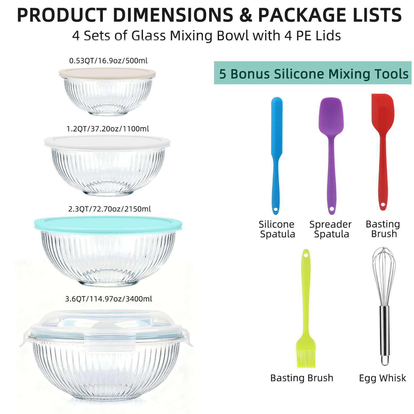 Mixing Bowls Set, AOKIWO 13 Packs 4 Size Nesting Glass Bowls with BPA-Free Lids & Baking Tools, Storage Bowl for Kitchen, Prep, Baking, Serving