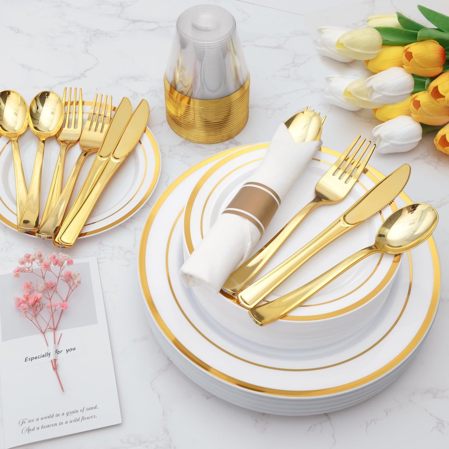 350 Piece Gold Dinnerware Set for 50 Guests, Plastic Plates Disposable for Party, Include: 50 Gold Rim Dinner Plates, 50 Dessert Plates, 50 Paper Napkins, 50 Cups, 50 Gold Silverware Set
