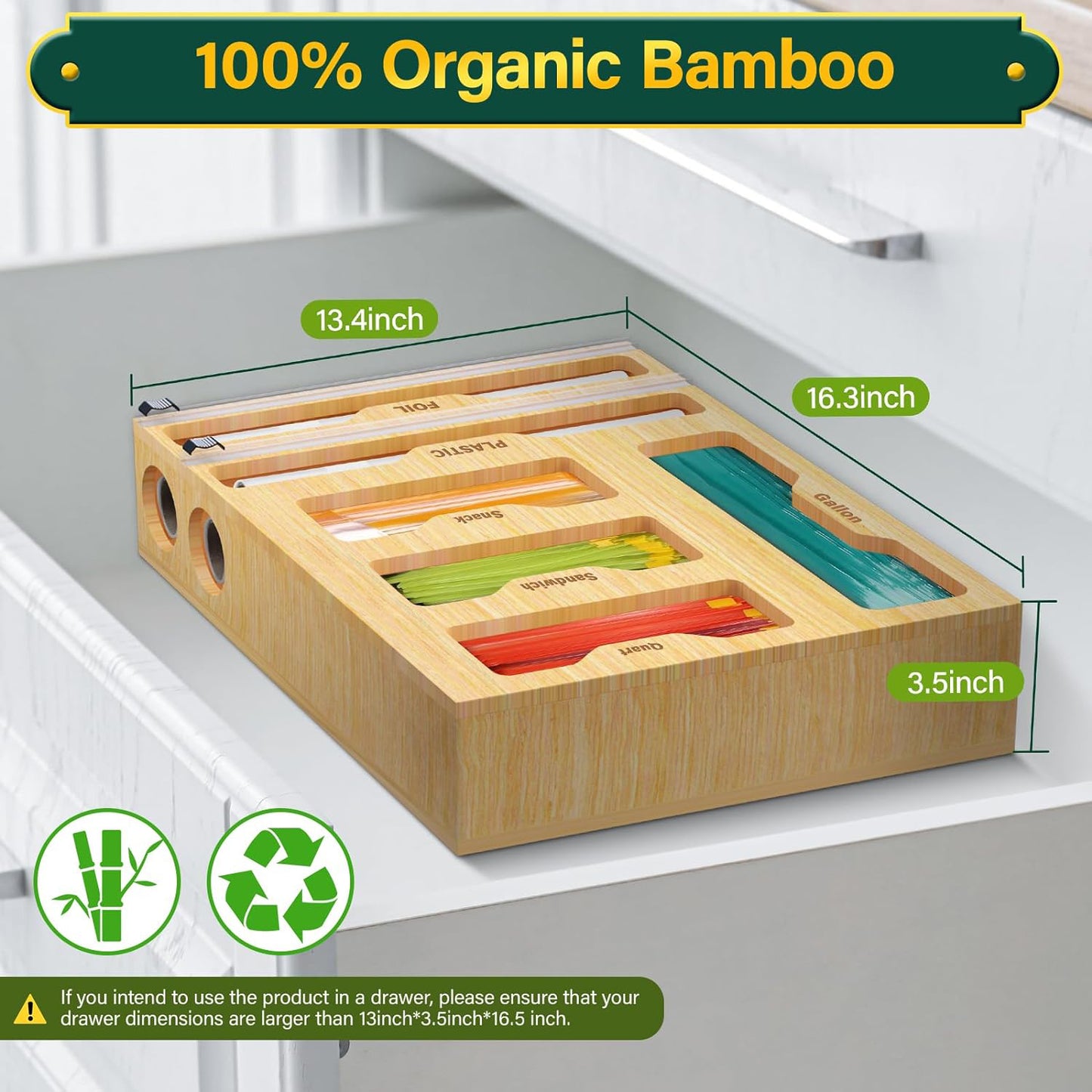 Bag Organizer and Plastic Wrap Dispenser with Cutter, 6 In 1 Bamboo Foil and Plastic Wrap Organizer for Kitchen Drawer, Food Storage Bag Organizer for Gallon,Quart,Sandwich,Snack(Yellow)
