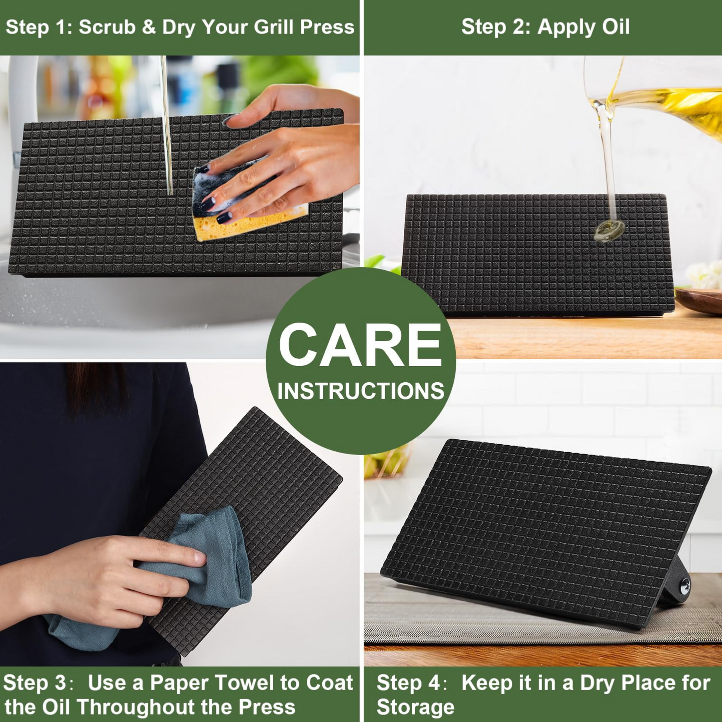 Mibote 7 " Round 8.2" x 4.3" Rectangle Cast iron Grill Press with Wooden Handle,Burger Press, Silicone Brush