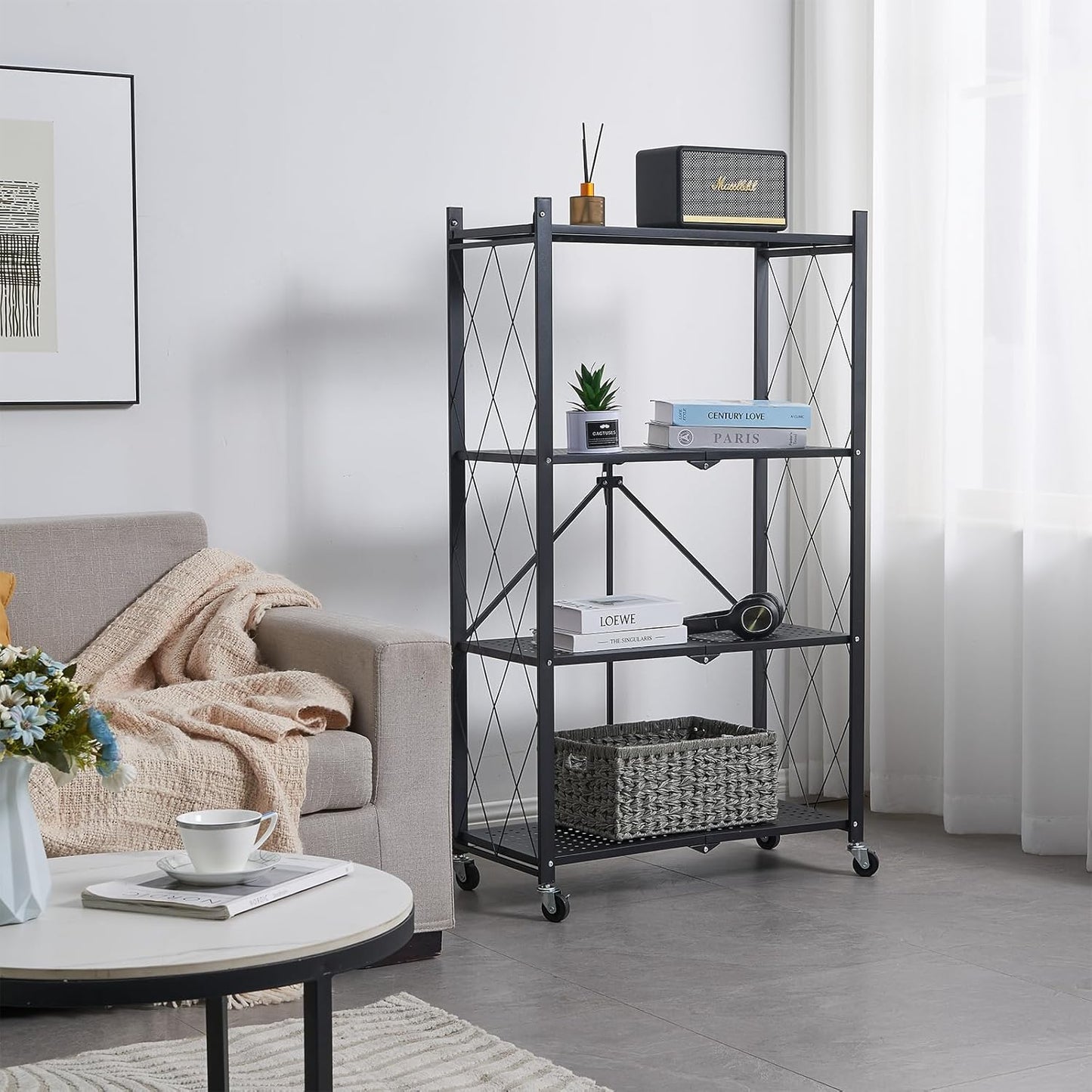 4-Tier Foldable Metal Storage Shelf with Wheels, Heavy-Duty Movable Wire Rack for Garage, Kitchen, Basement, Pantry, 28''L x 13.4''W x 49.2''H-Black