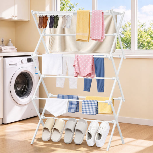 3-Tier Foldable Clothes Drying Rack, Portable Metal Drying Rack Clothing, Collapsible Laundry Drying Rack, Antirust Clothing Rack for Indoor Outdoor Air Drying, 13.4" D x 28.7" W x 45.7" H, White