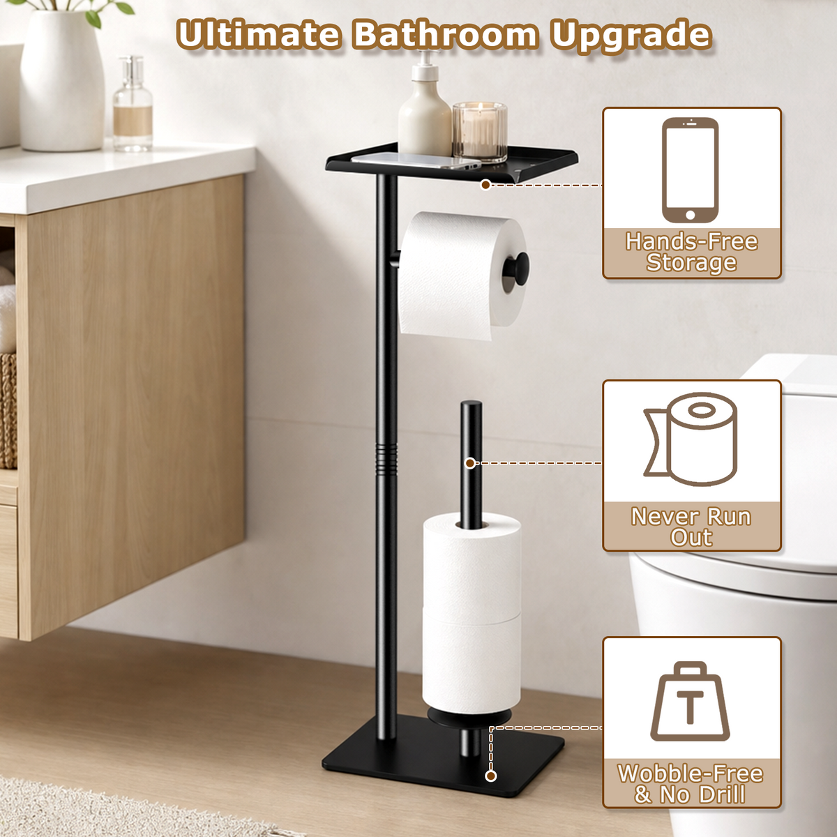 Mibote Toilet Paper Holder Free Standing with Storage Shelf, Metal Bathroom Tissue Holder for 4 Rolls, Matte Black