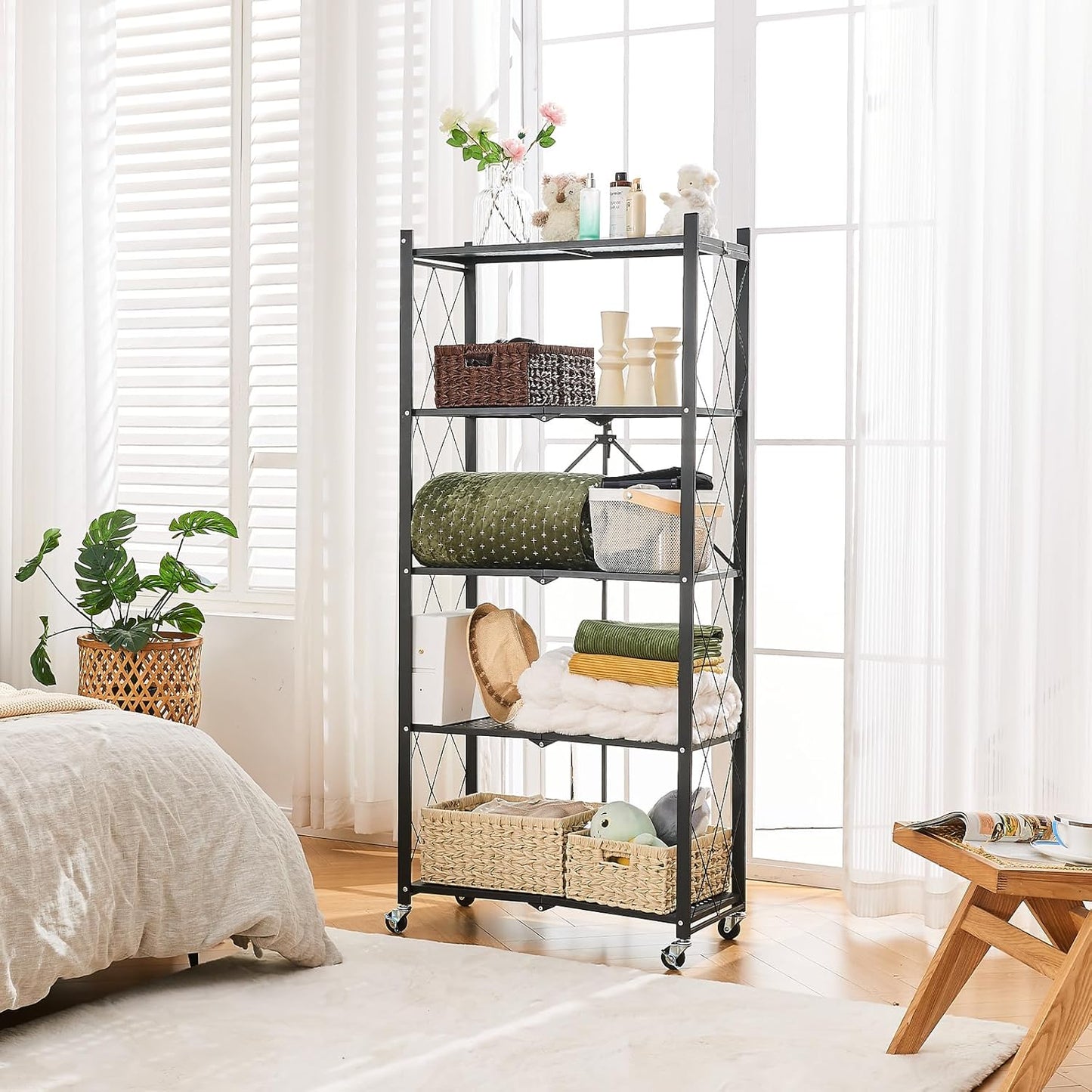 5-Tier Foldable Metal Storage Shelf with Wheels, Heavy-Duty Movable Wire Rack for Garage, Kitchen, Basement, Pantry, 28''L x 13.4''W x 61.4''H-Black