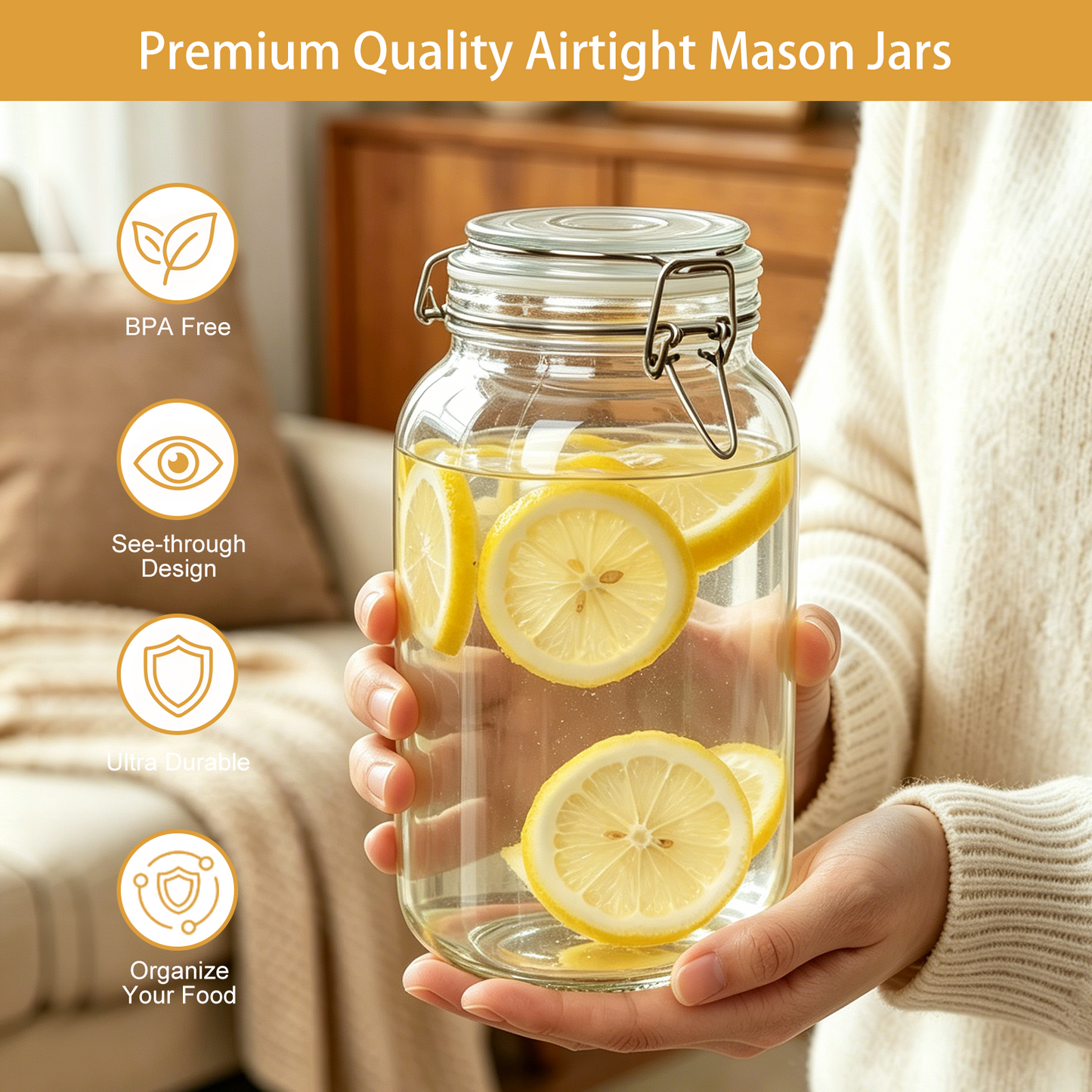 3 Pcs Airtight Glass Jars with Lids, TAIMASI 0.6 Gallon Glass Food Storage Canister with Wire Clip Fastening, Square Mason Jars with Labels & Pen for Flour, Cereal, Pasta, Bean