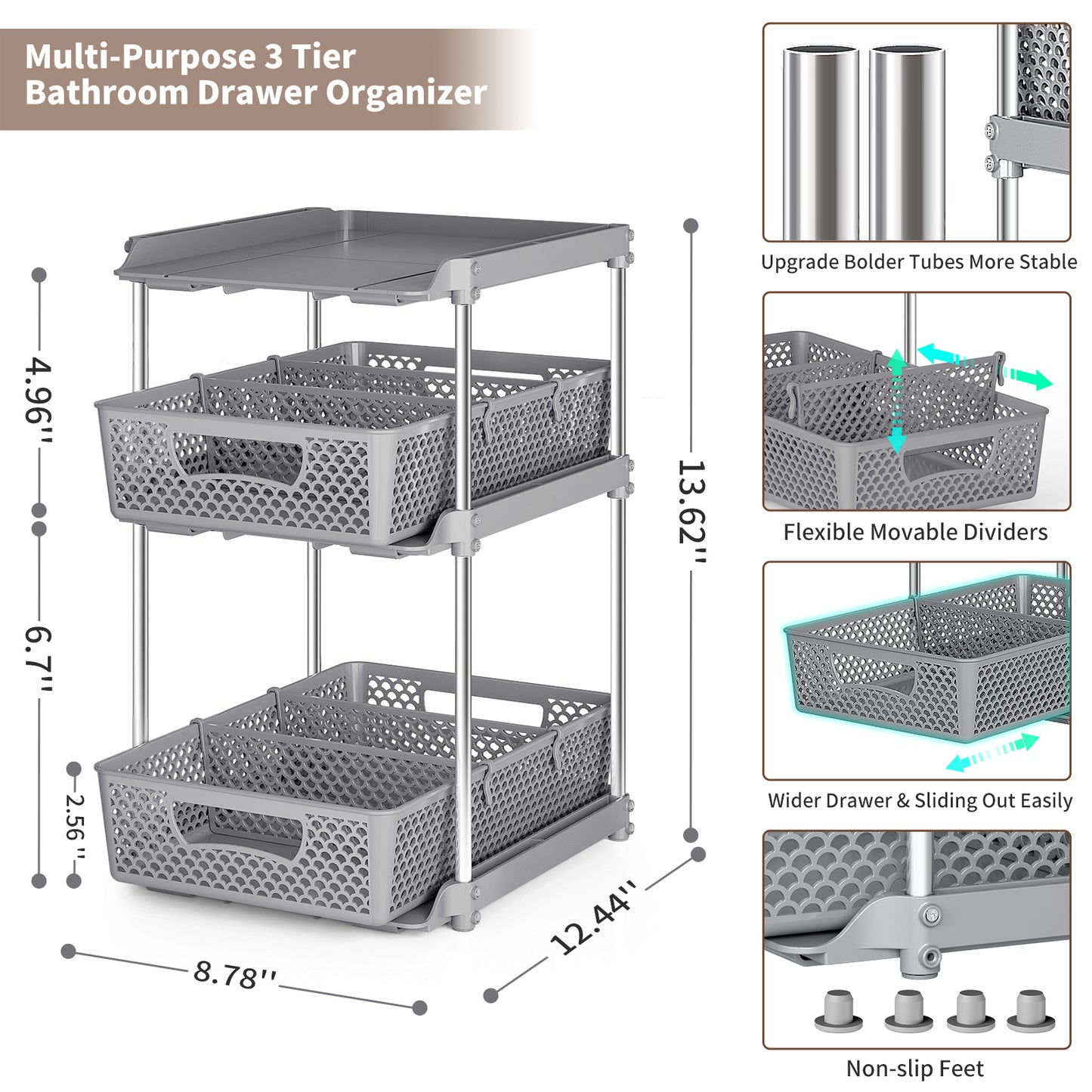 TAIMASI Pull-Out 3 Tier Bathroom Organizers and Storage, Under Sink Organizer, Kitchen Cabinet Organizer Gray, 3 (Count)
