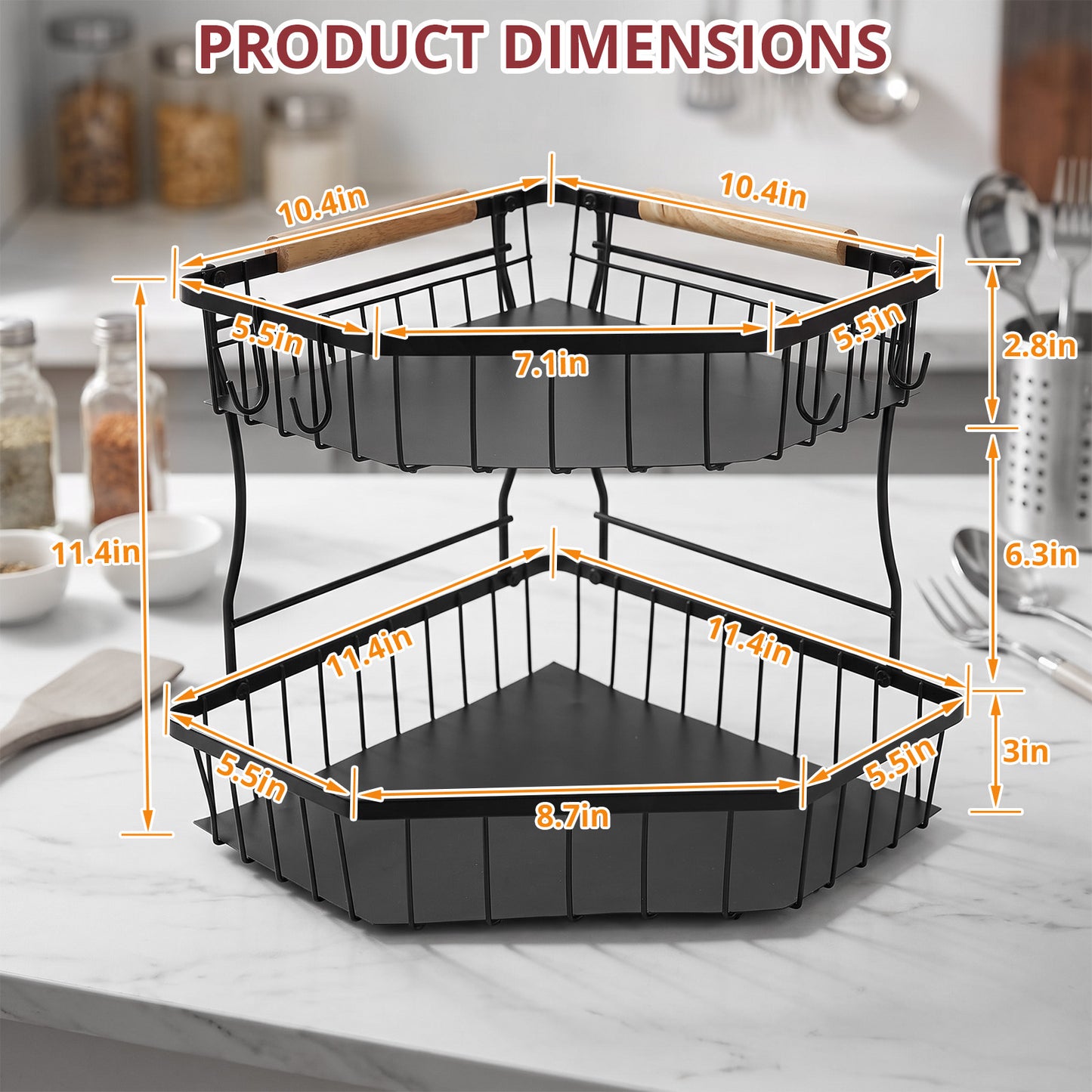 2-Tier Large Fruit Basket for Kitchen Counter with 4 Banana Hangers, Detachable Metal Fruit Bowl with Wooden Handle, Fruit Stand/Fruit Holder for Bread, Snacks, Vegetables,Produce with Protective Mat