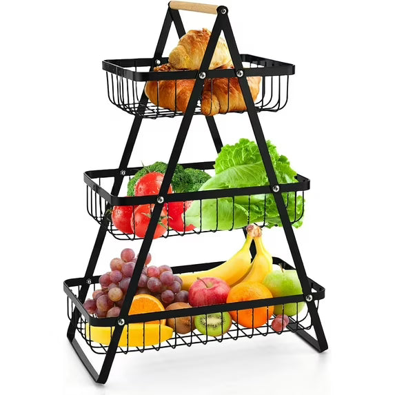 3 Tier Fruit Basket with Wooden Handles, TAIMASI Metal Storage Basket Kitchen Office Home Counter Dining Organizer for Fruit, Vegetable, Snacks, Black