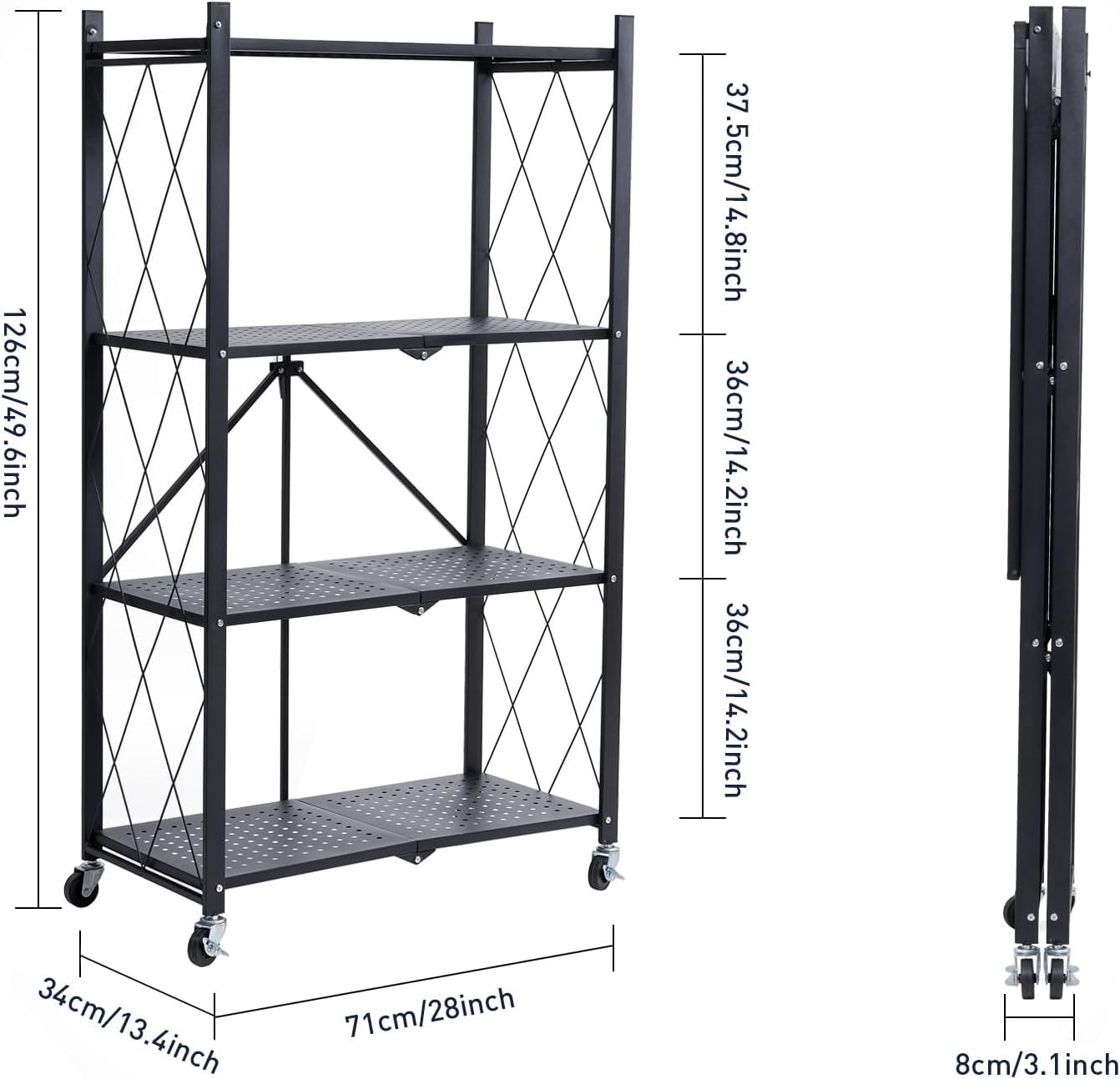 4-Tier Foldable Metal Storage Shelf with Wheels, Heavy-Duty Movable Wire Rack for Garage, Kitchen, Basement, Pantry, 28''L x 13.4''W x 49.2''H-Black