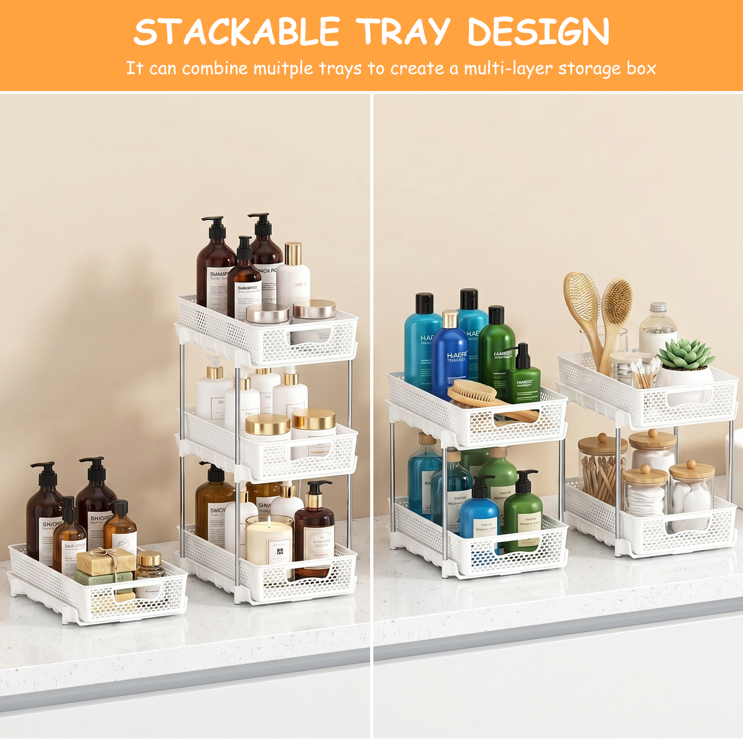 4 Pack Pull Out Bathroom Organizers and Storage, 2 Tier Stackable Under Sink Storage Organizer for Bathroom, Kitchen Cabinet, Pantry, and Medicine Holder, Organization and Storage - White