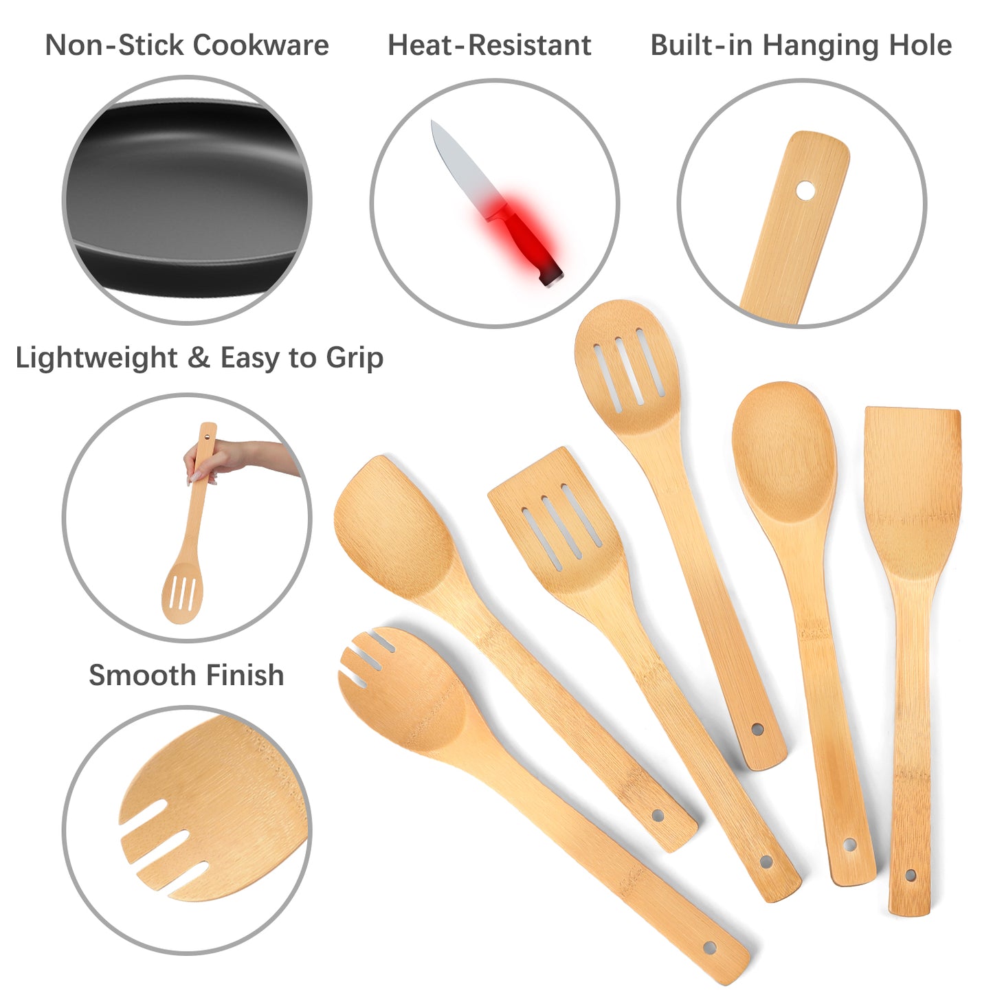 Wooden Spoons for Cooking, TAIMASI 6Pcs Banboo Spatula Spoon Tongs Utensils Set for Kitchen Cookware