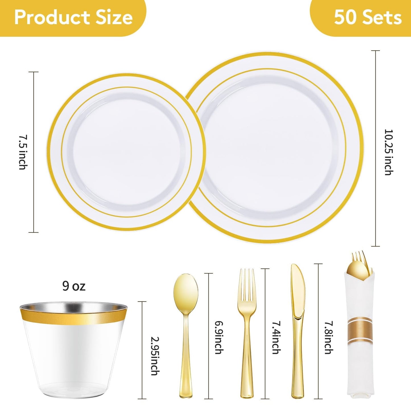 350 Piece Gold Dinnerware Set for 50 Guests, Plastic Plates Disposable for Party, Include: 50 Gold Rim Dinner Plates, 50 Dessert Plates, 50 Paper Napkins, 50 Cups, 50 Gold Silverware Set