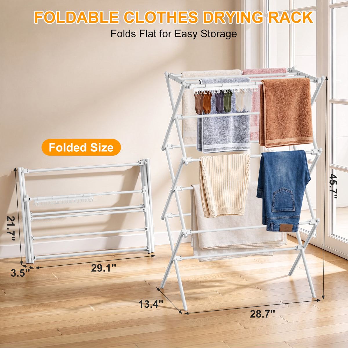 3-Tier Foldable Clothes Drying Rack, Portable Metal Drying Rack Clothing, Collapsible Laundry Drying Rack, Antirust Clothing Rack for Indoor Outdoor Air Drying, 13.4" D x 28.7" W x 45.7" H, White