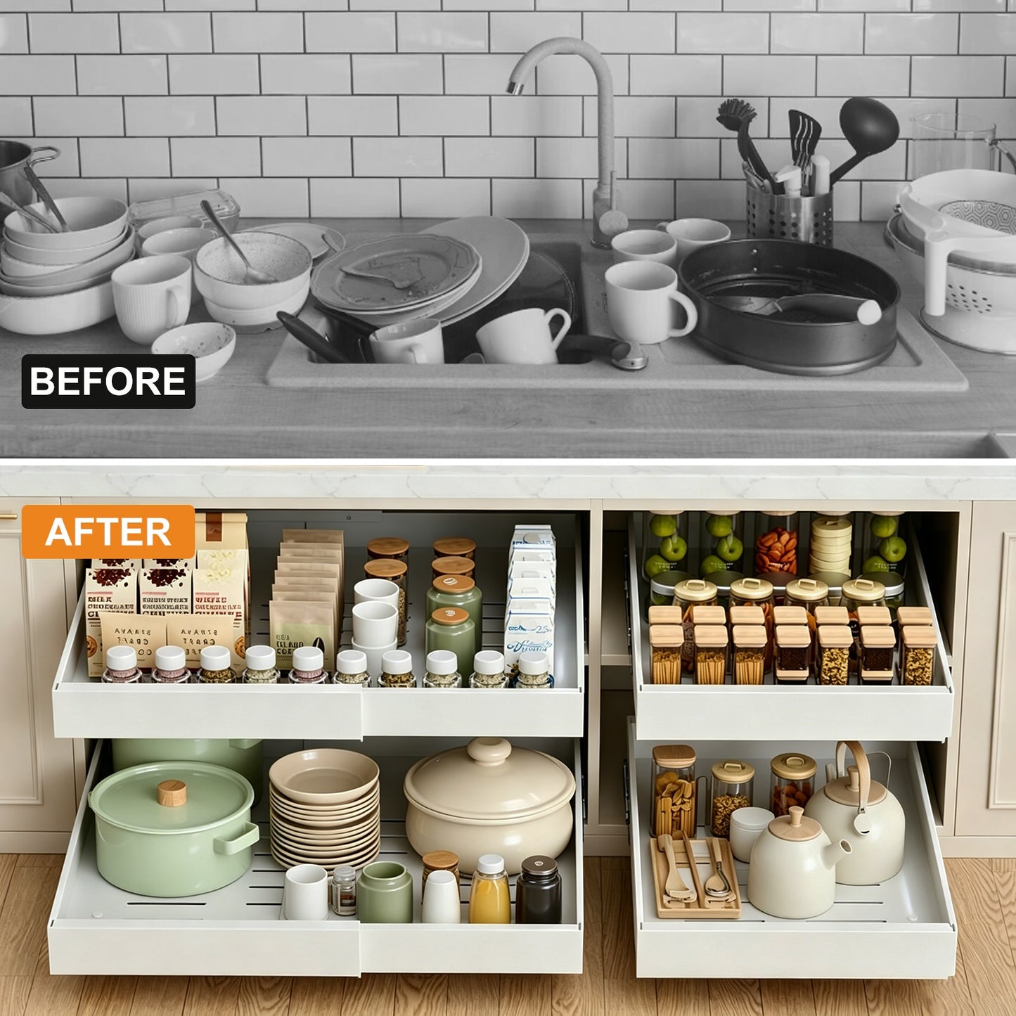 2 Packs Expandable Carbon Steel Pull Out Cabinet Organizer, TAIMASI Upgrade Kitchen Steel 21'' 3 Slide Rails Sliding Organizer Drawers for Cabinets