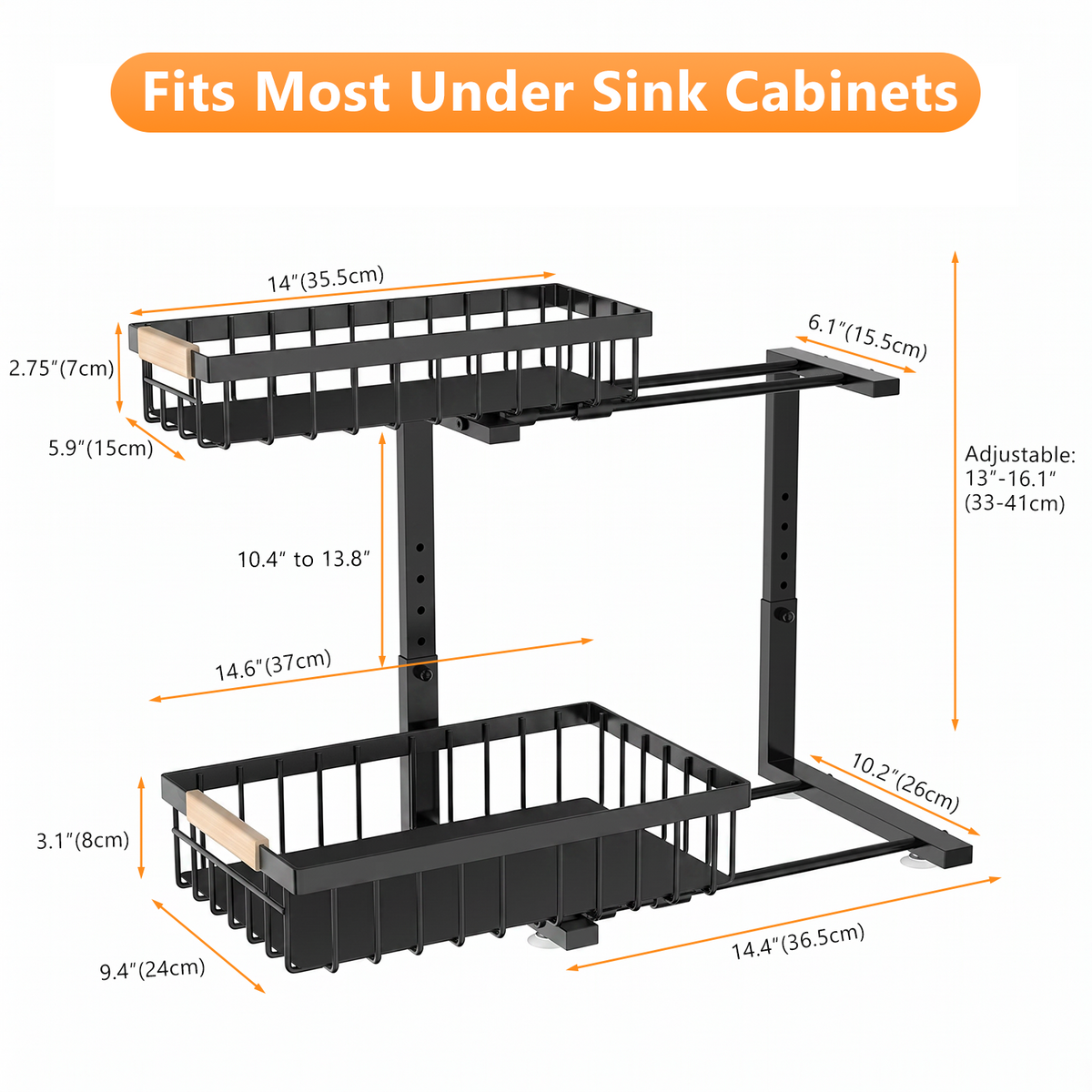 TAIMASI 2 Pack Under Sink Organizers and Storage, 2-Tier Pull Out Cabinet Organizer with Sliding Drawer, Adjustable Height Metal Bathroom Sink Organizer for Kitchen Pantry Closet, Black