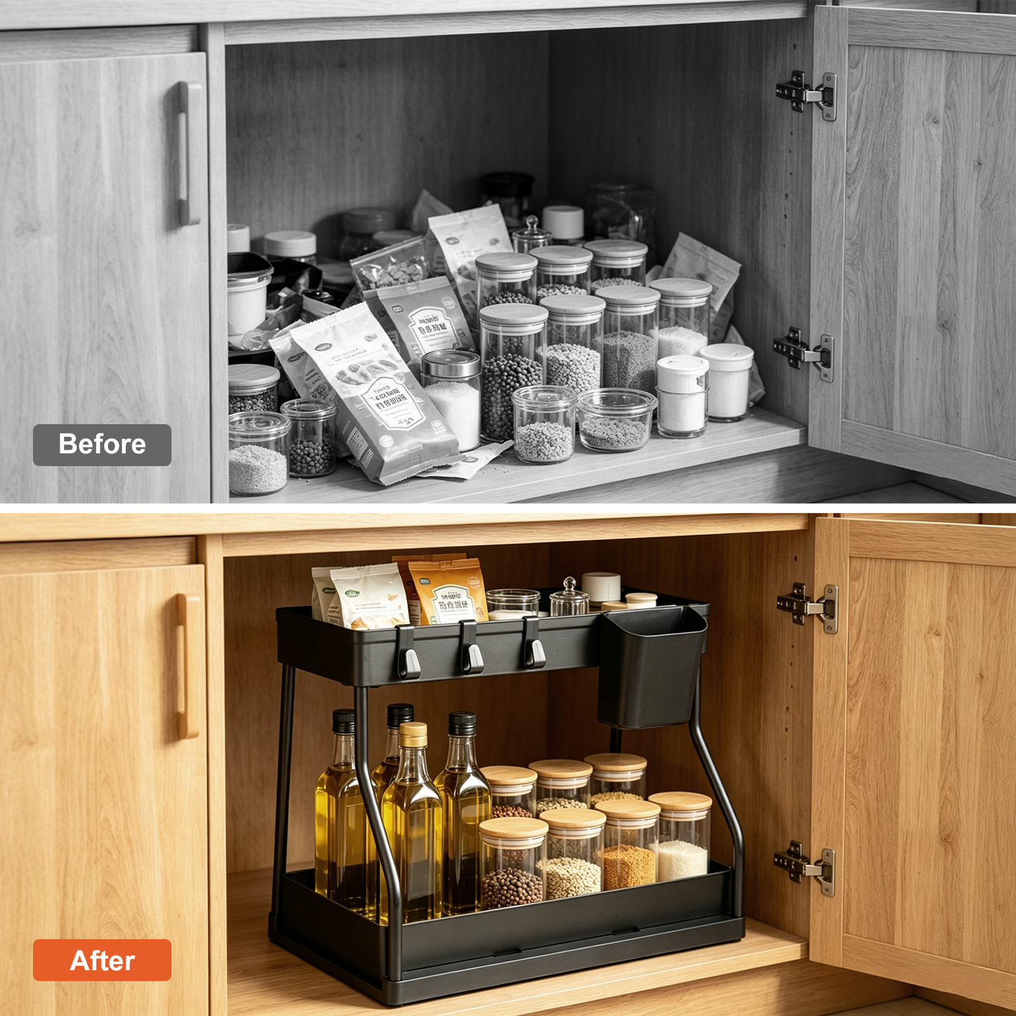 1 Pack Under Sink Organizer, 2 Tier L-Shaped Pull Out Cabinet Organizer for Kitchen and Bathroom, Space Saving Sliding Drawer Storage Rack, Durable Plastic Narrow Space Shelves, Black