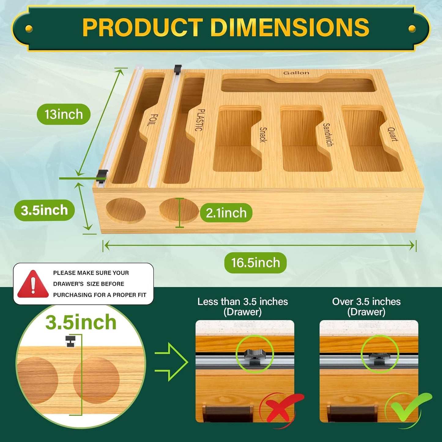 Bag Organizer and Plastic Wrap Dispenser with Cutter, 6 In 1 Bamboo Foil and Plastic Wrap Organizer for Kitchen Drawer, Food Storage Bag Organizer for Gallon,Quart,Sandwich,Snack(Yellow)