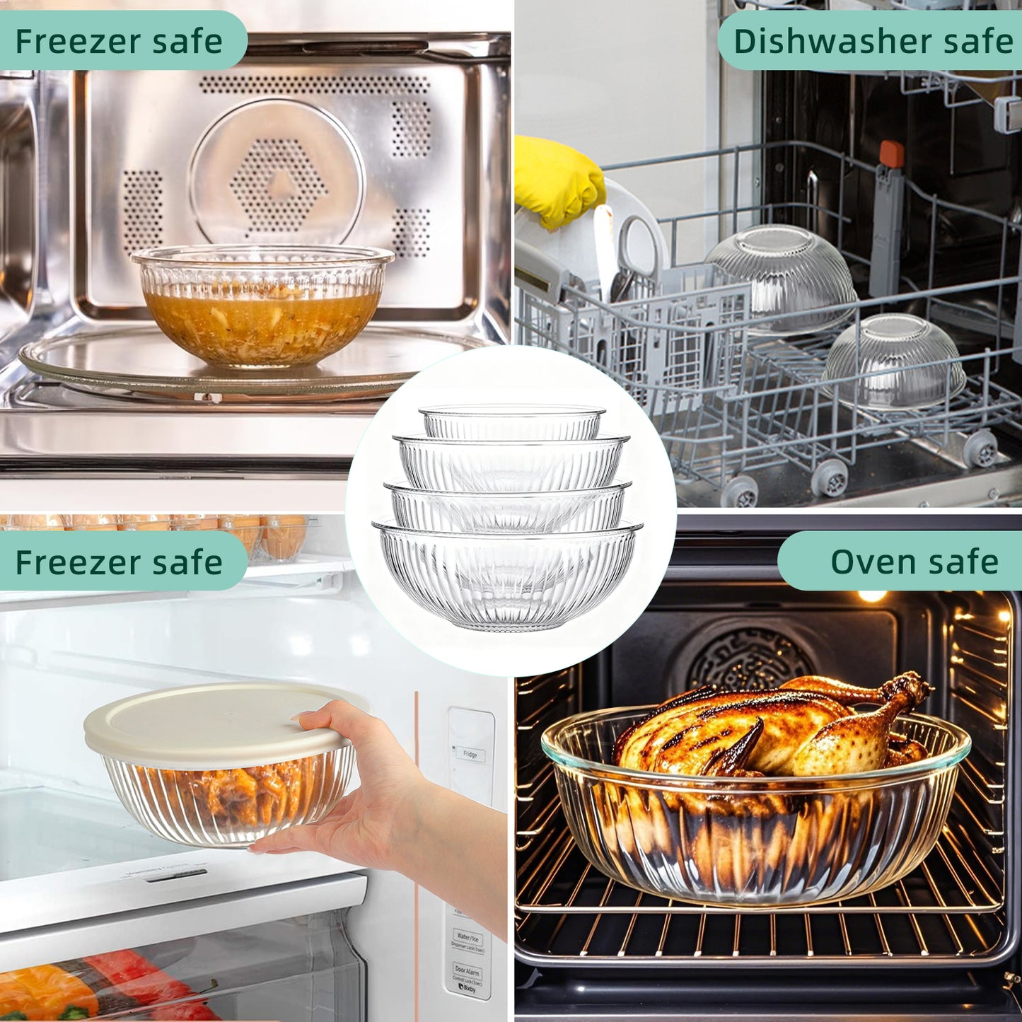 Mixing Bowls Set, AOKIWO 13 Packs 4 Size Nesting Glass Bowls with BPA-Free Lids & Baking Tools, Storage Bowl for Kitchen, Prep, Baking, Serving
