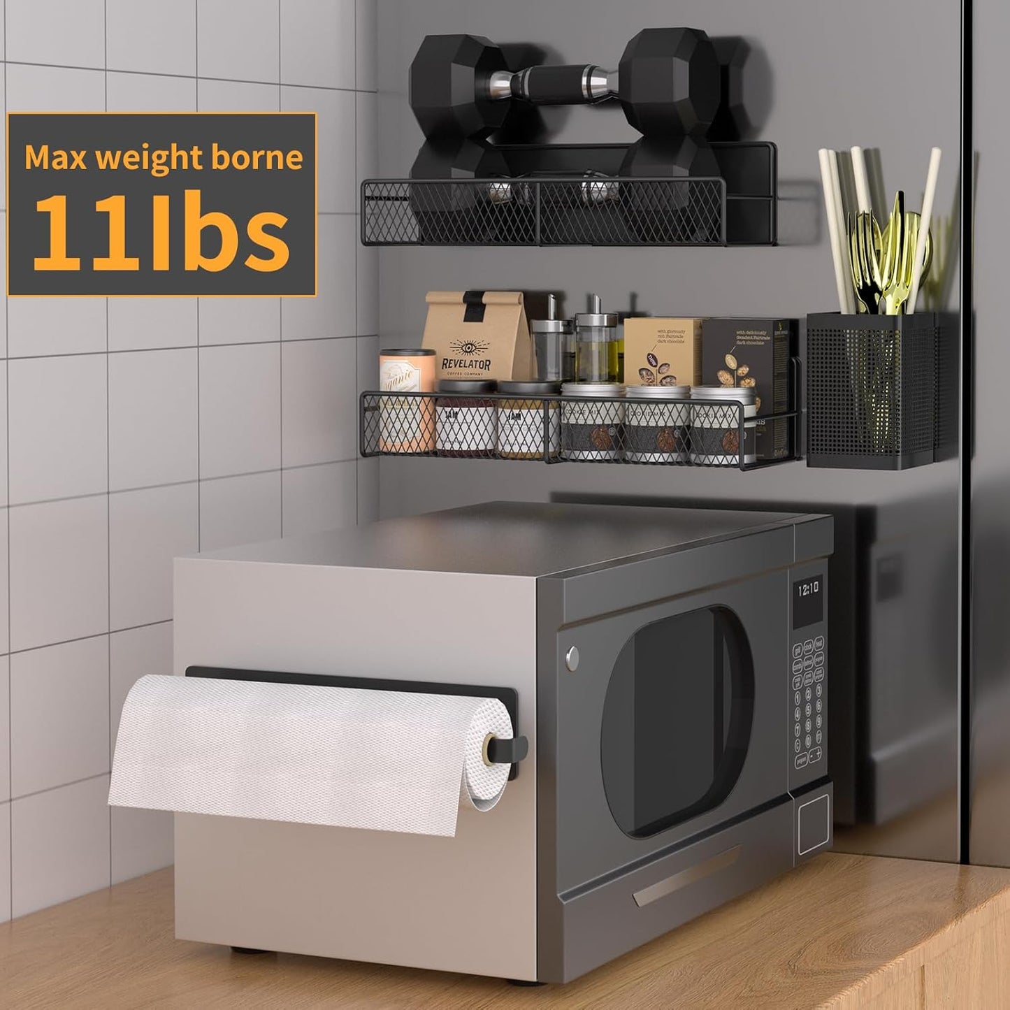 Magnetic Spice Rack Organizer, AOKIWO 6 Pack Moveable Fridge Spice Shelves for Refrigerator, Strong Magnetic Metal Refrigerator Shelf Organizer with Paper Towel Holder, Utensils Holder, Black