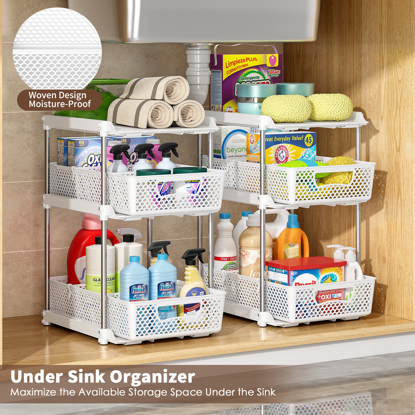 TAIMASI Pull-Out 3 Tier Bathroom Organizers and Storage, Under Sink Organizer, Kitchen Cabinet Organizer White, 3 (Count)