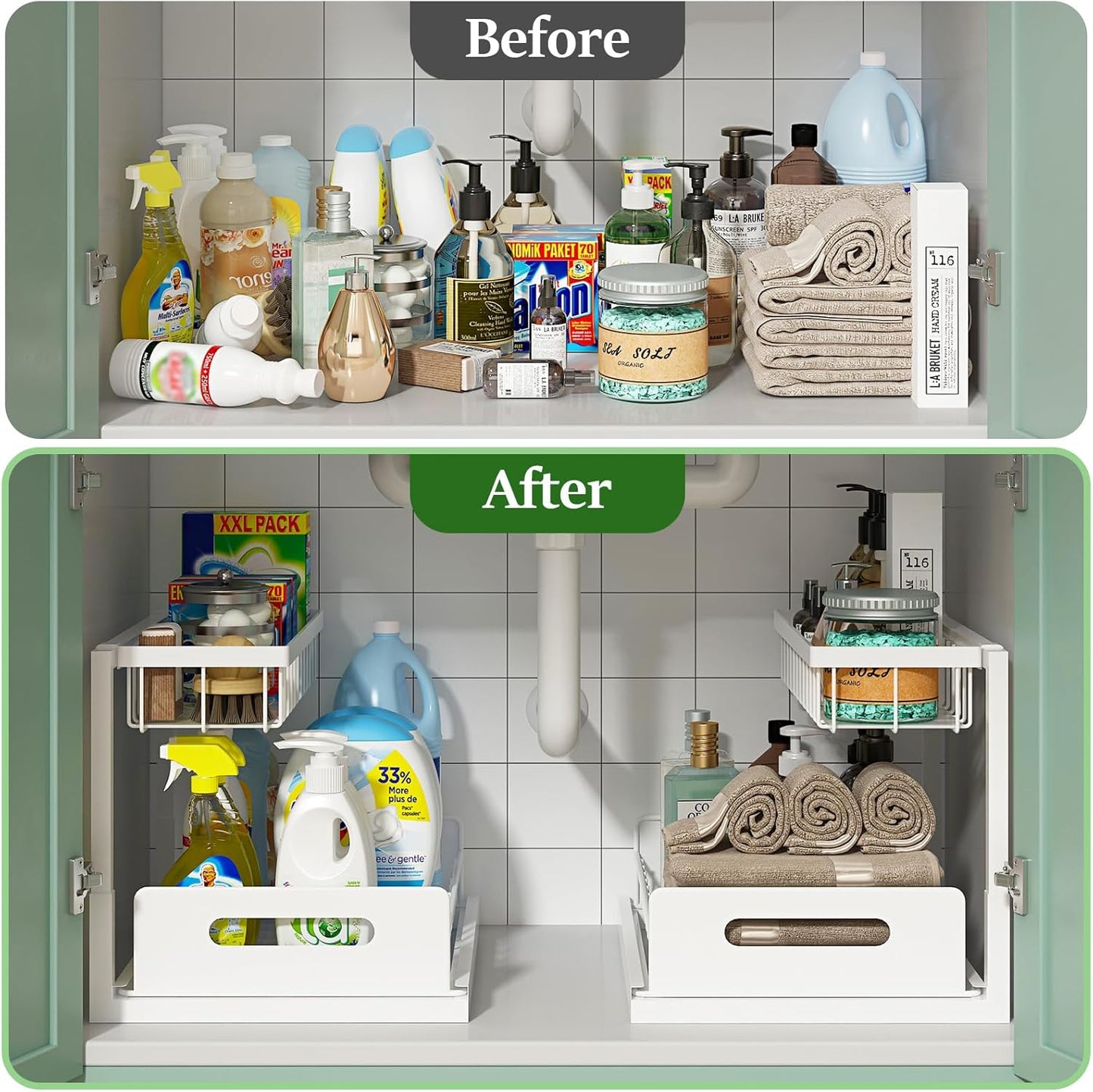 2 Pack Under Sink Organizer and Storage, Pull Out Cabinet Organizer Slide Out Sink Shelf Cabinet Storage Shelves, Under Sink Storage for Kitchen Bathroom Cabinet,White