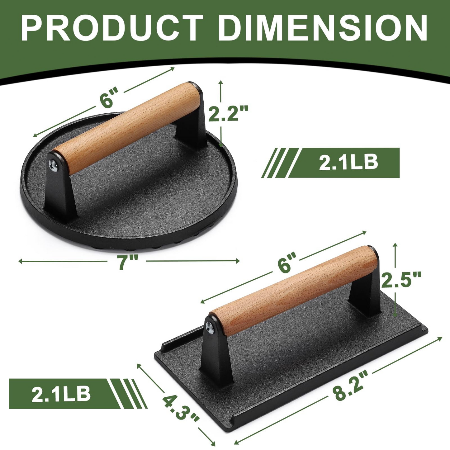 Mibote 7 " Round 8.2" x 4.3" Rectangle Cast iron Grill Press with Wooden Handle,Burger Press, Silicone Brush